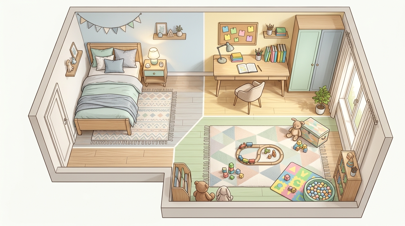Зонирование детской комнаты для девочки — спальная, учебная и игровая зоны