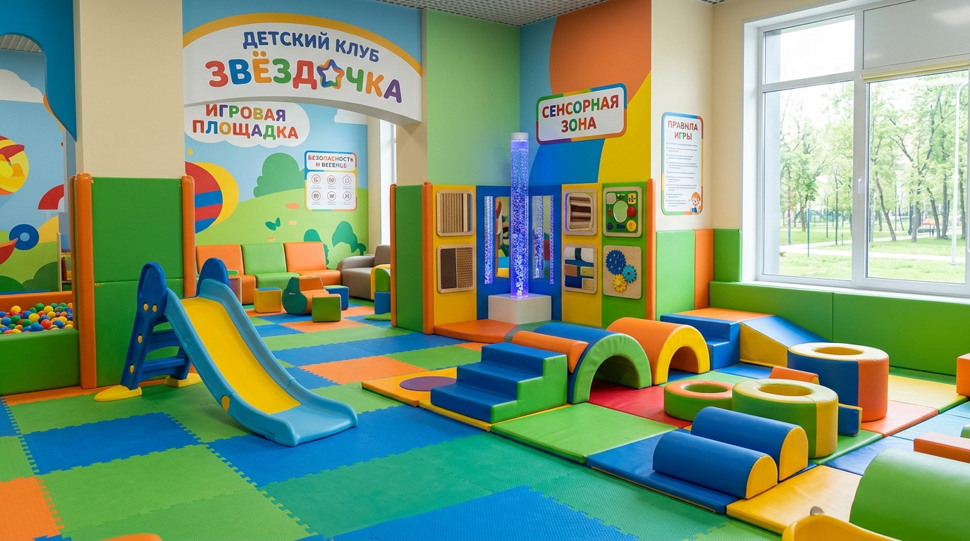 Игровая зона детского центра с мягкими модулями и сенсорным уголком