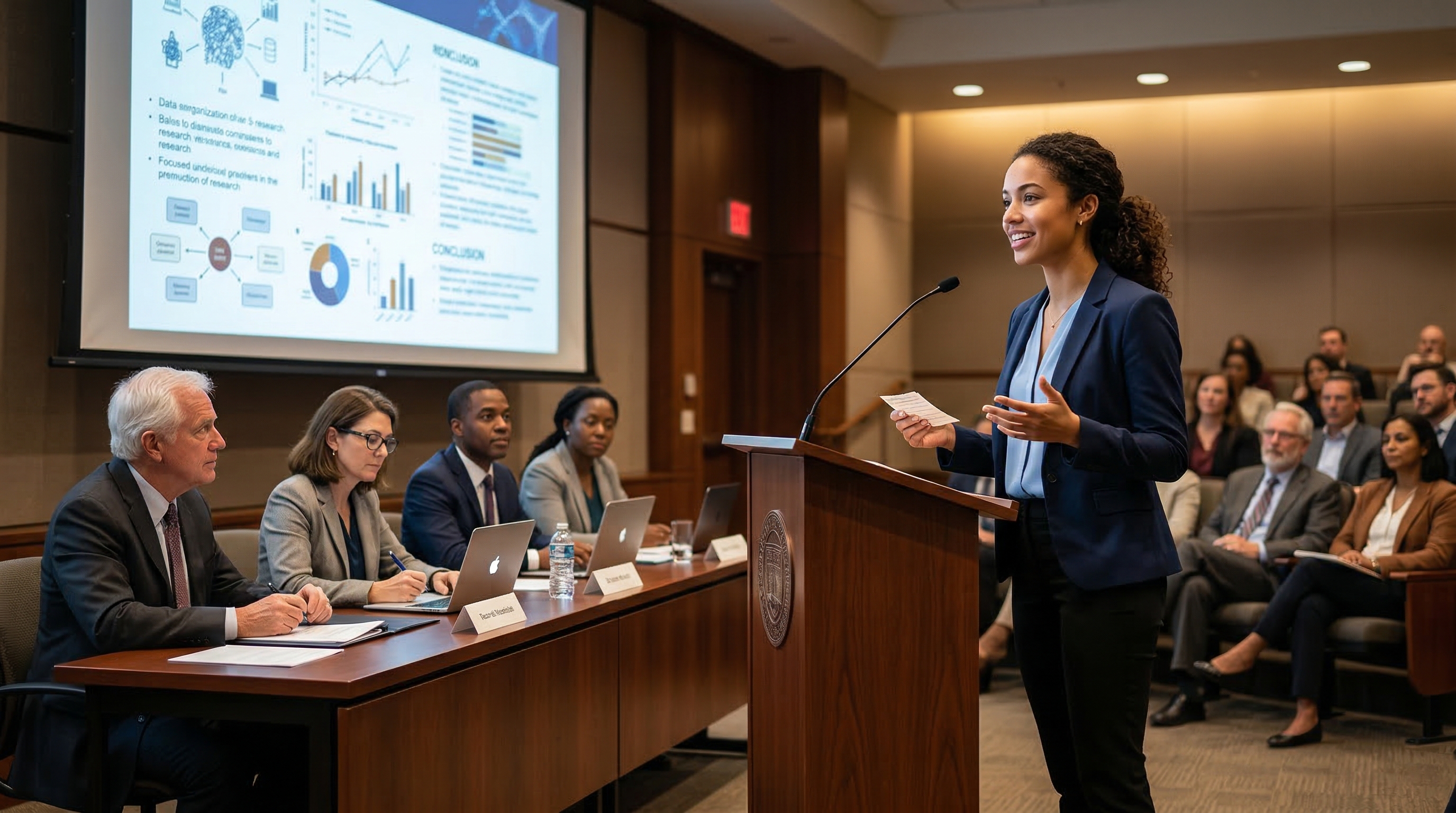 Студент выступает с речью на защите диплома перед комиссией