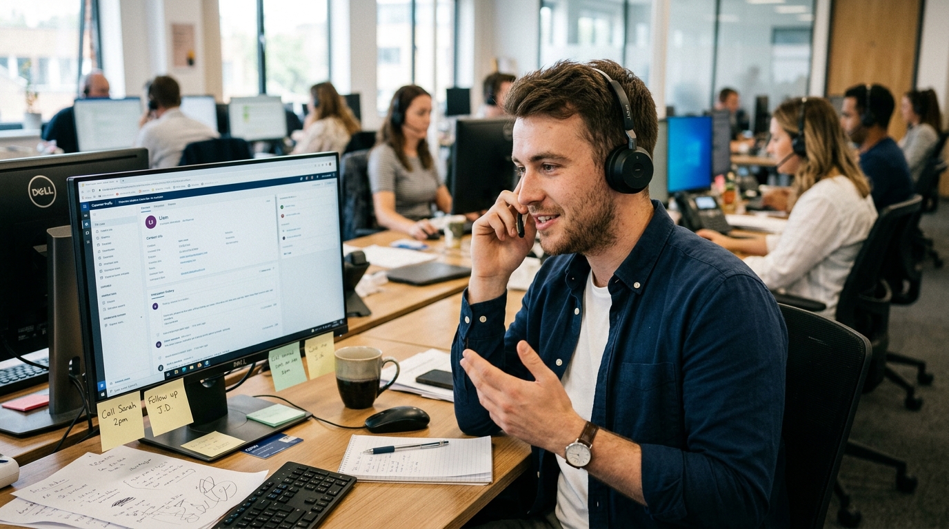 Менеджер отдела продаж с гарнитурой разговаривает с клиентом, перед ним CRM с карточкой клиента