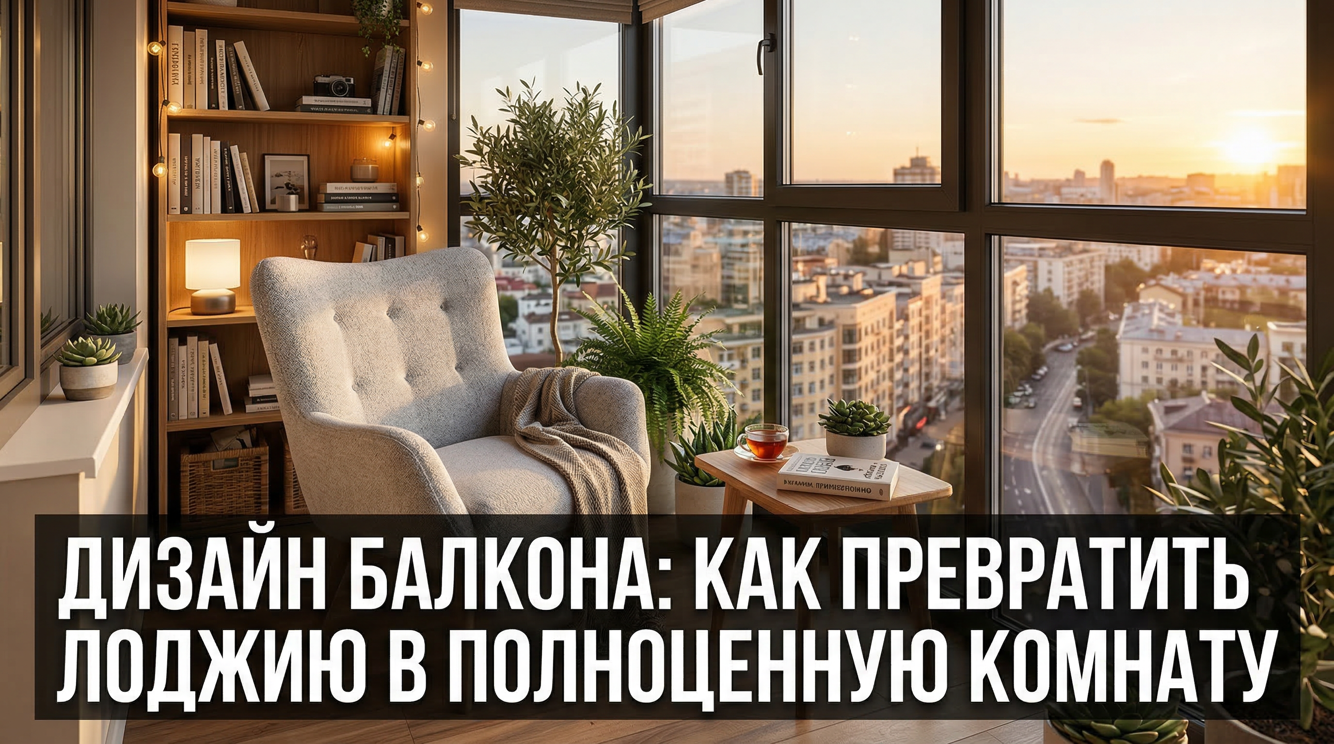 Дизайн балкона — уютная комната с креслом, книжными полками и панорамным видом на город