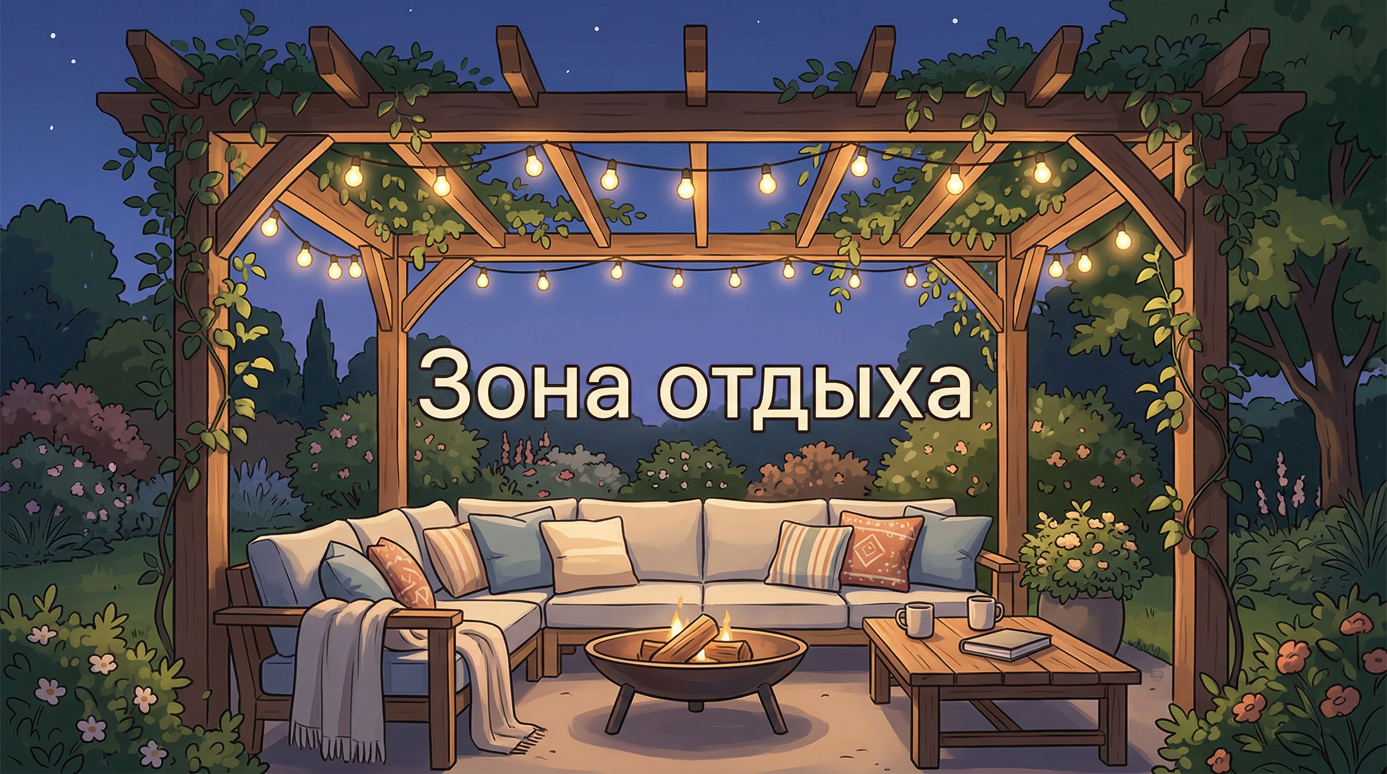 Уютная зона отдыха во дворе частного дома: пергола, мягкая мебель, костровище, гирлянды