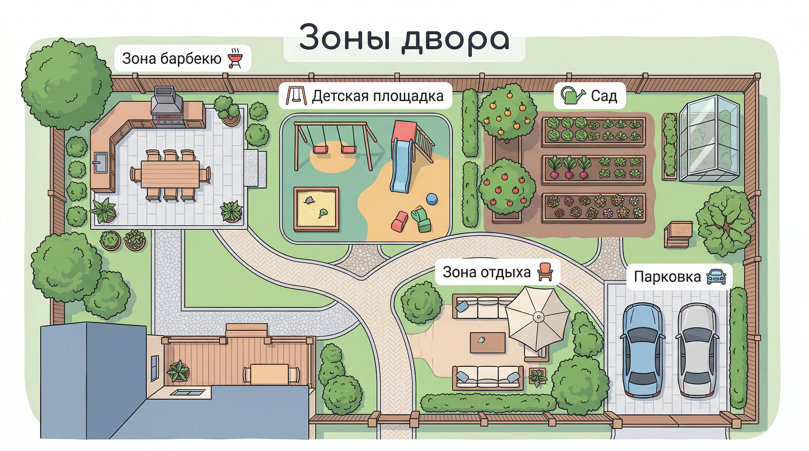 Схема зонирования двора частного дома: зона барбекю, детская площадка, сад, зона отдыха, парковка