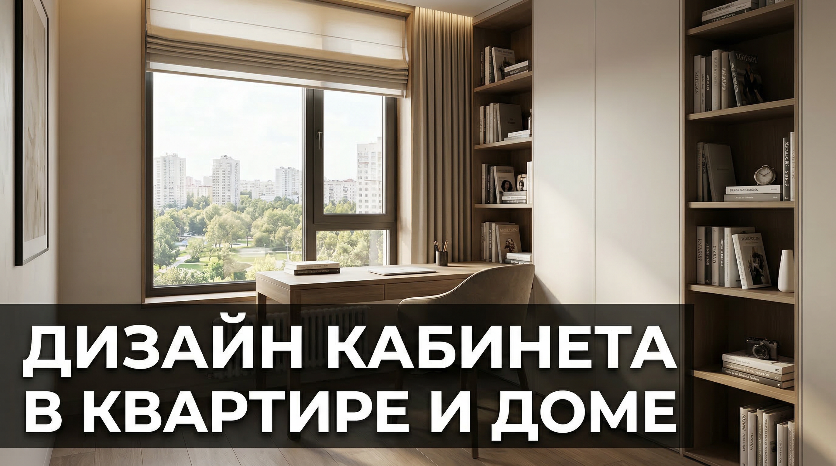 Дизайн домашнего кабинета — рабочий стол у окна, книжные полки и тёплое освещение