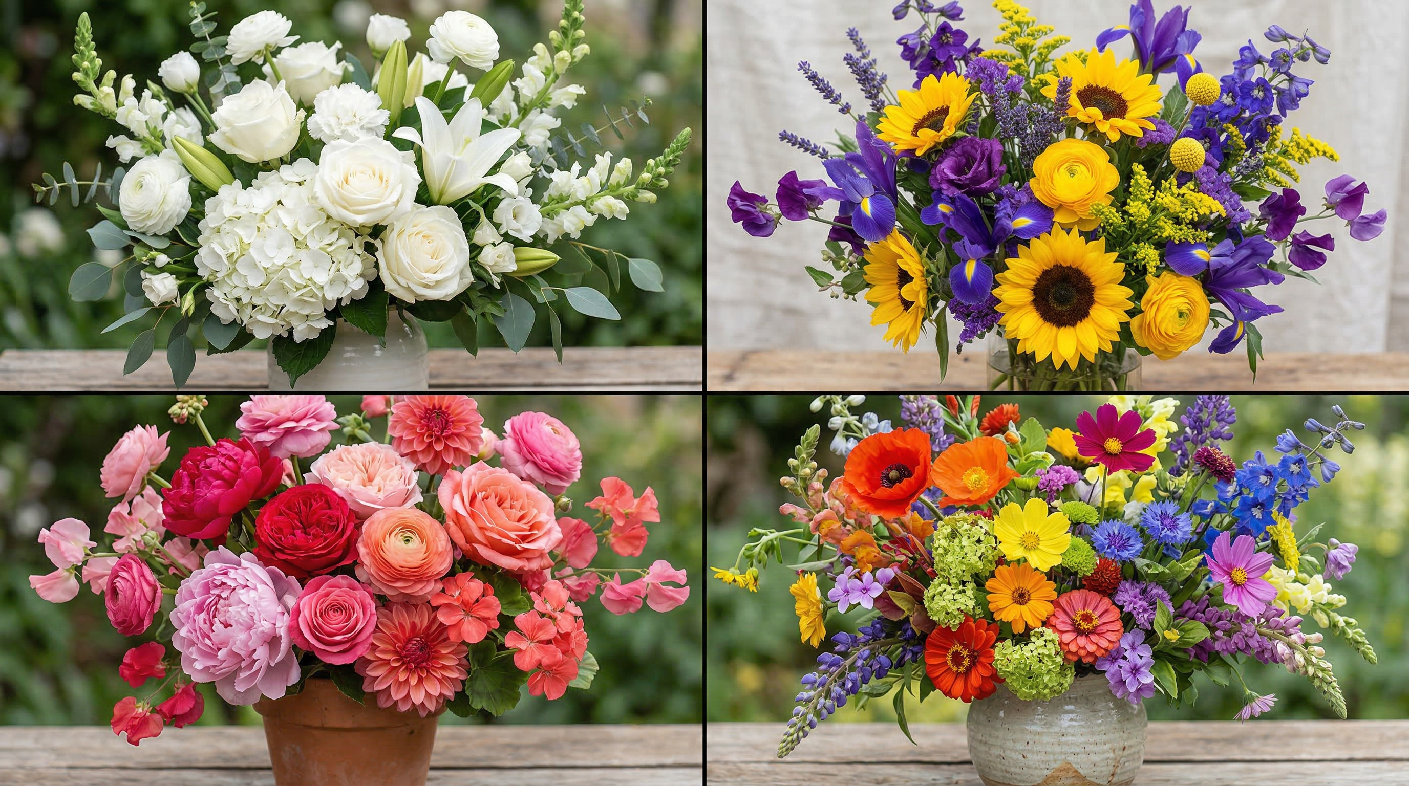 Четыре цветовые схемы: монохромная белая, контрастная жёлто-фиолетовая, аналоговая розово-красная и многоцветная