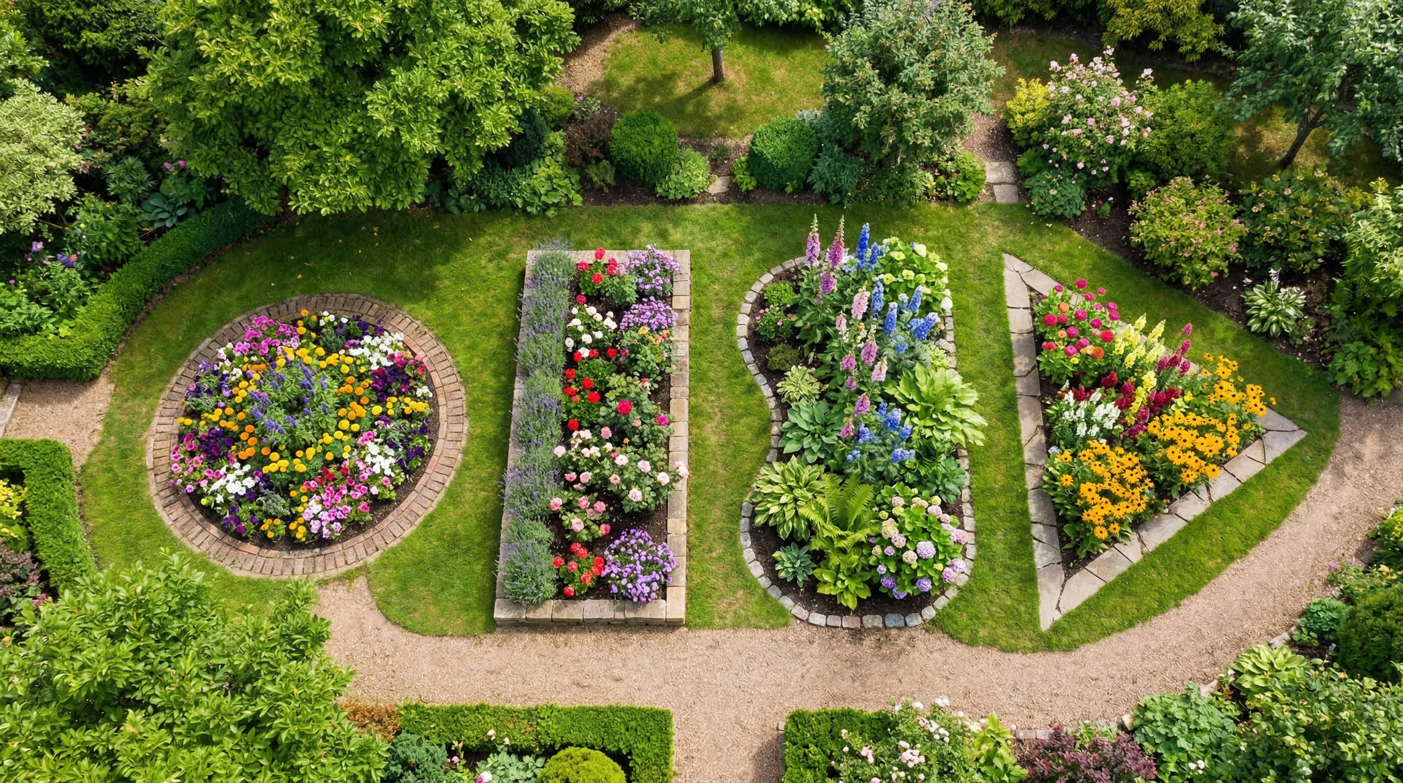 Основные формы клумб — круглая, прямоугольная, каплевидная и треугольная, вид сверху