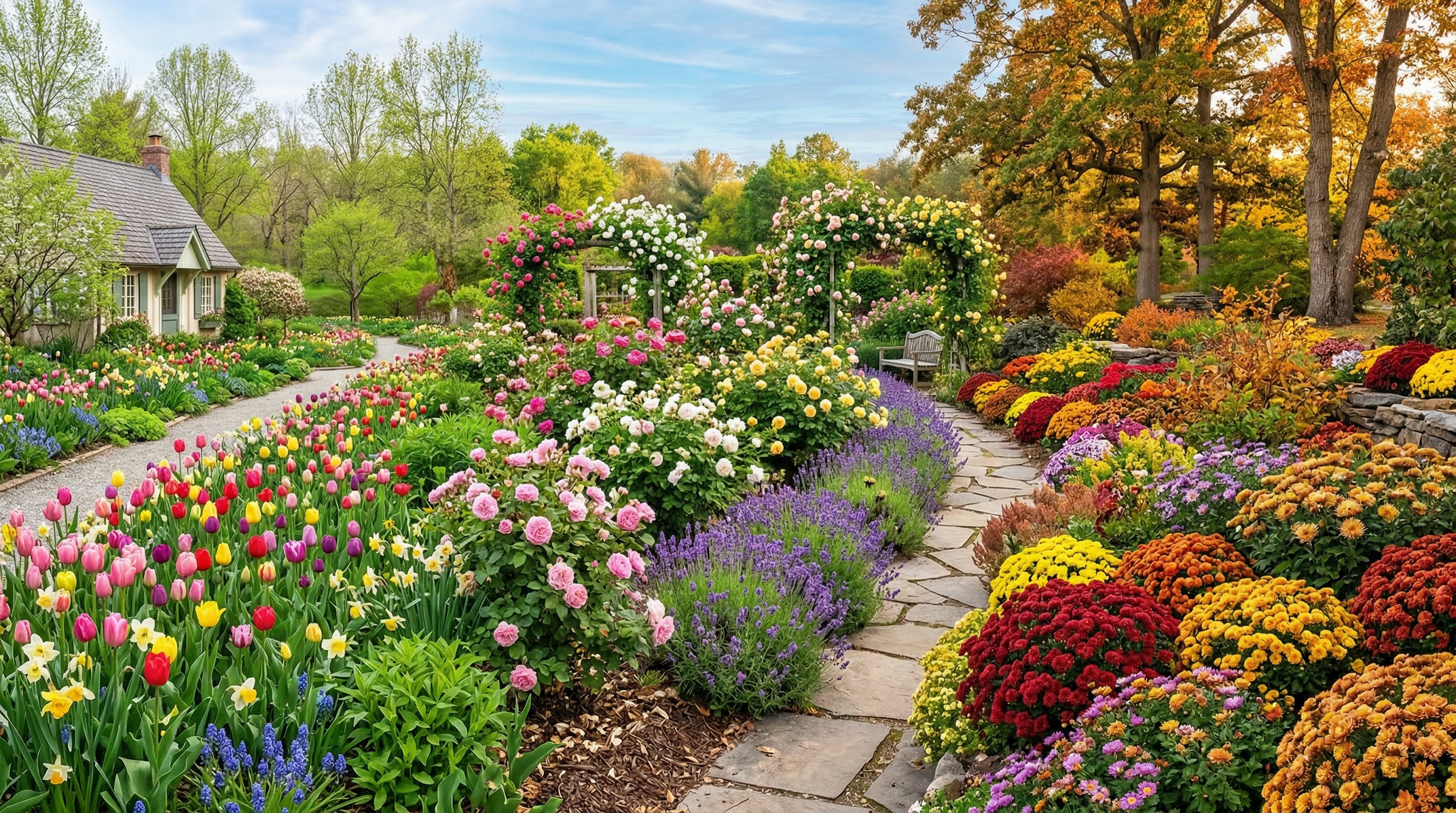 Клумба непрерывного цветения — весенние, летние и осенние цветы плавно сменяют друг друга