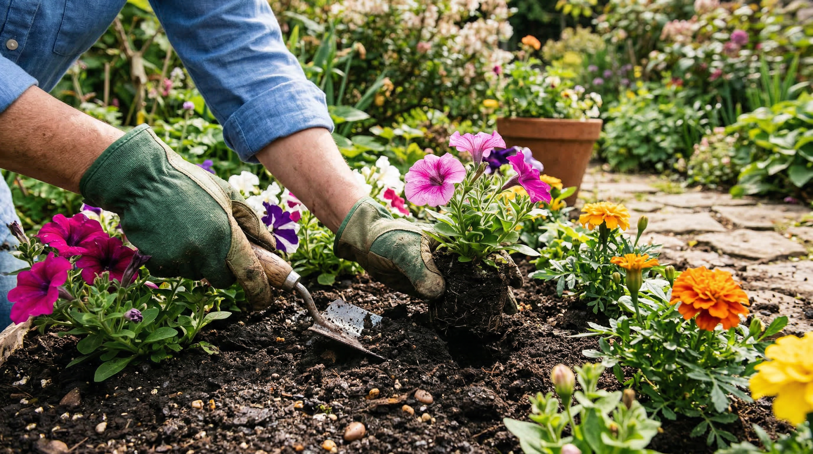 Посадка цветов в подготовленную клумбу — руки садовника, саженцы и инструменты
