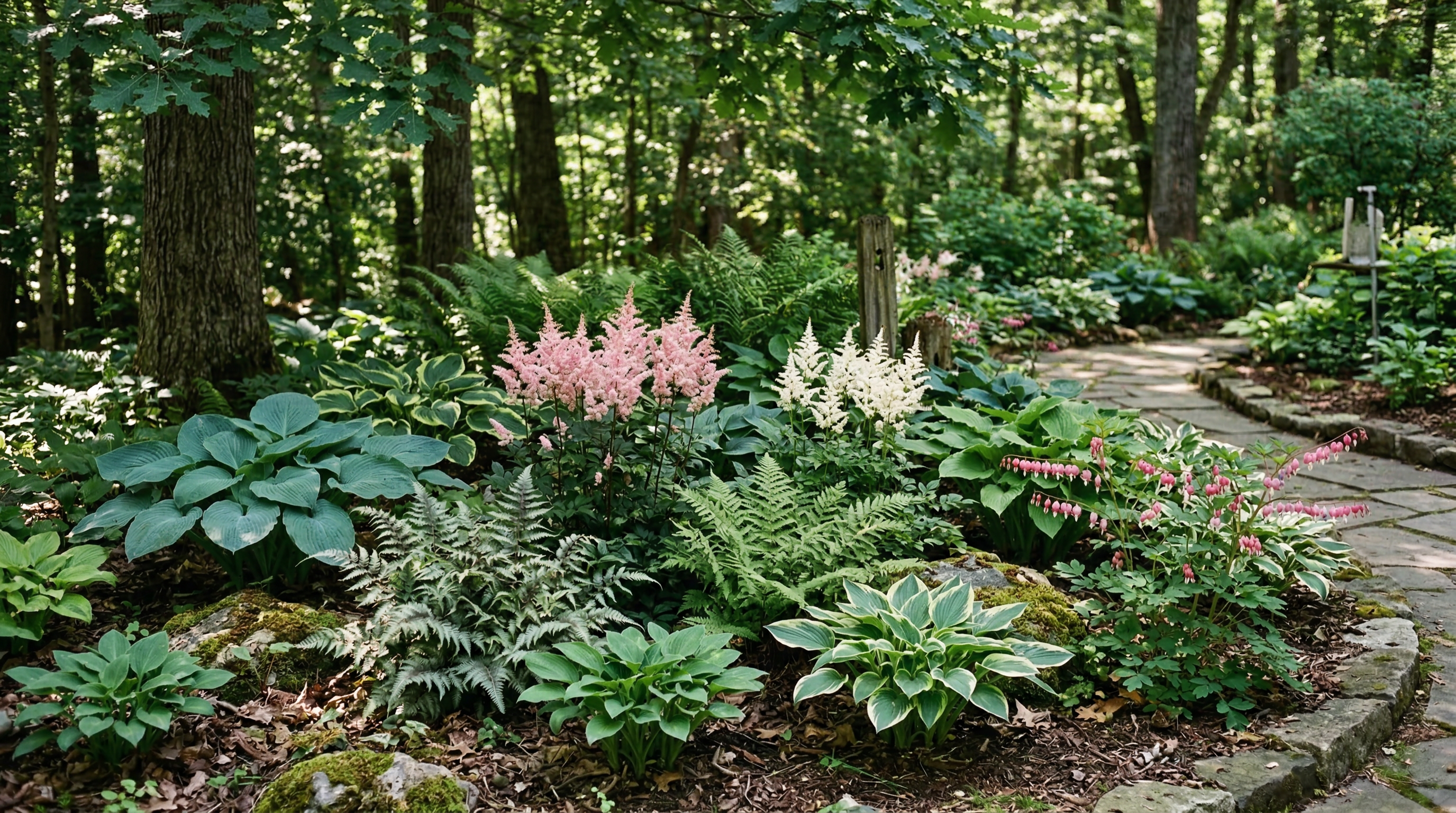 Теневой цветник с хостами, папоротниками и астильбой под кроной дерева