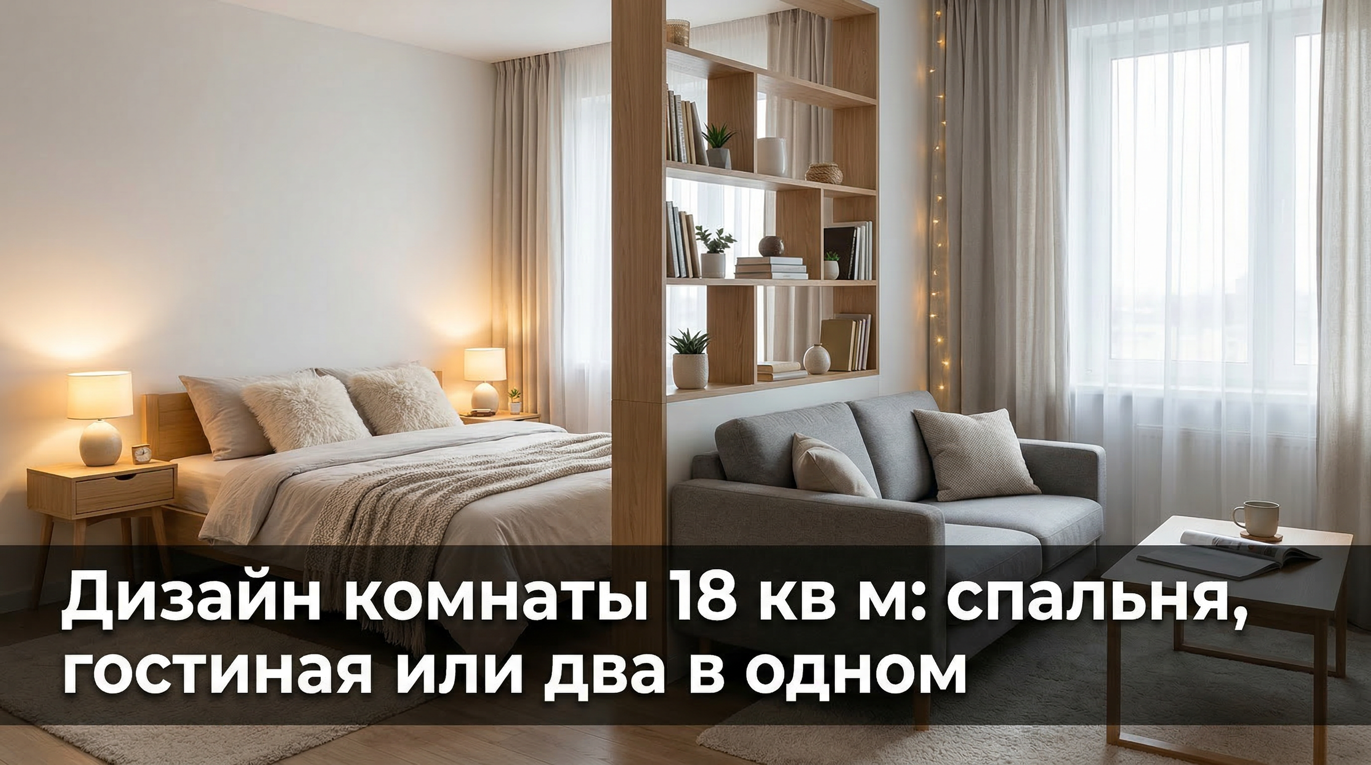 Дизайн комнаты 18 кв м — спальня и гостиная в одном пространстве с зонированием стеллажом