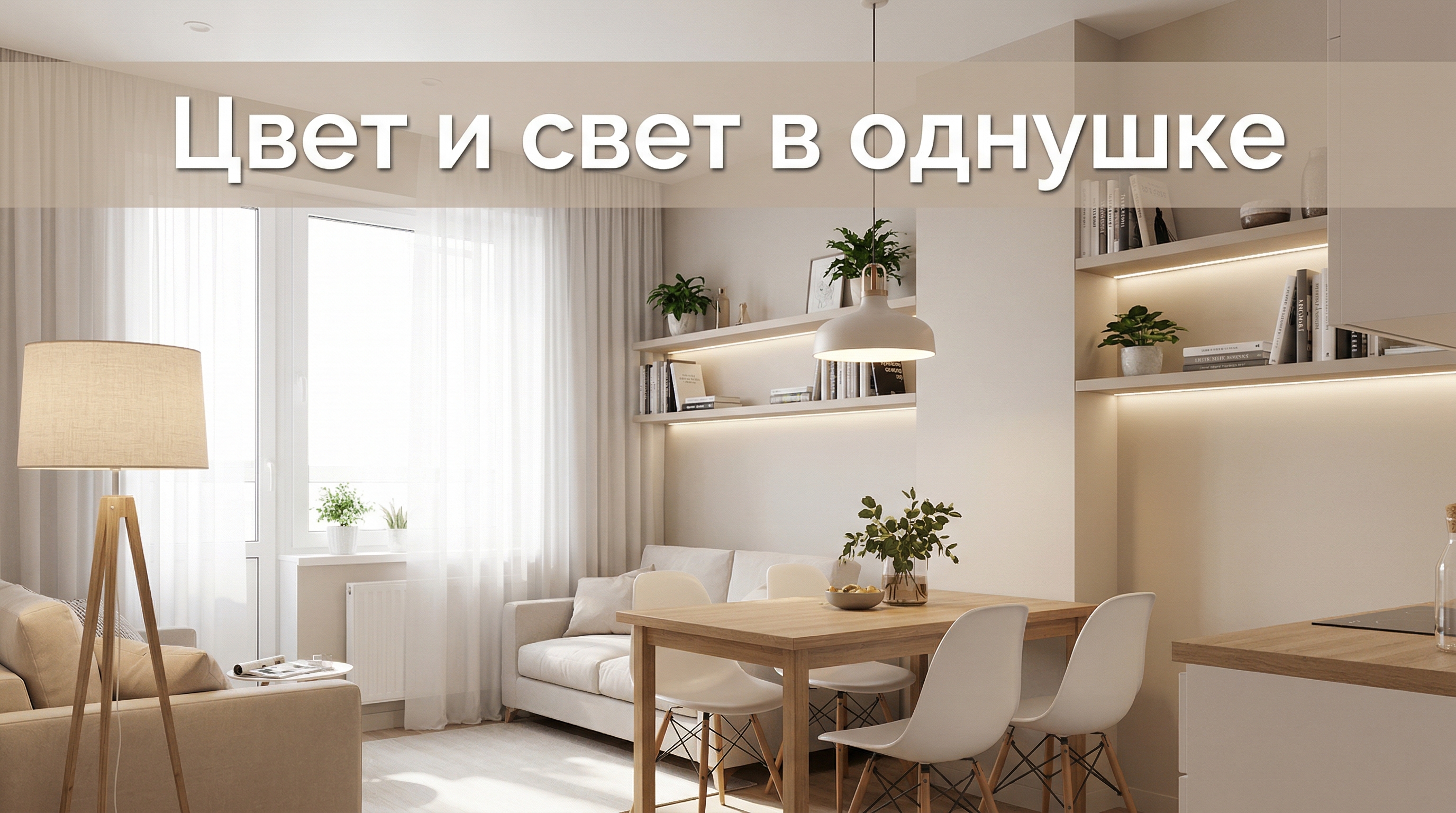 Светлый интерьер однокомнатной квартиры с правильным освещением и нейтральной цветовой гаммой