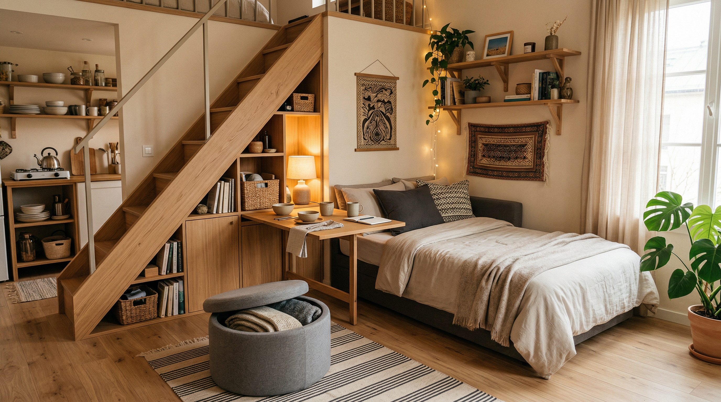Компактная однушка с многофункциональной мебелью: диван-кровать, складной стол, хранение под лестницей