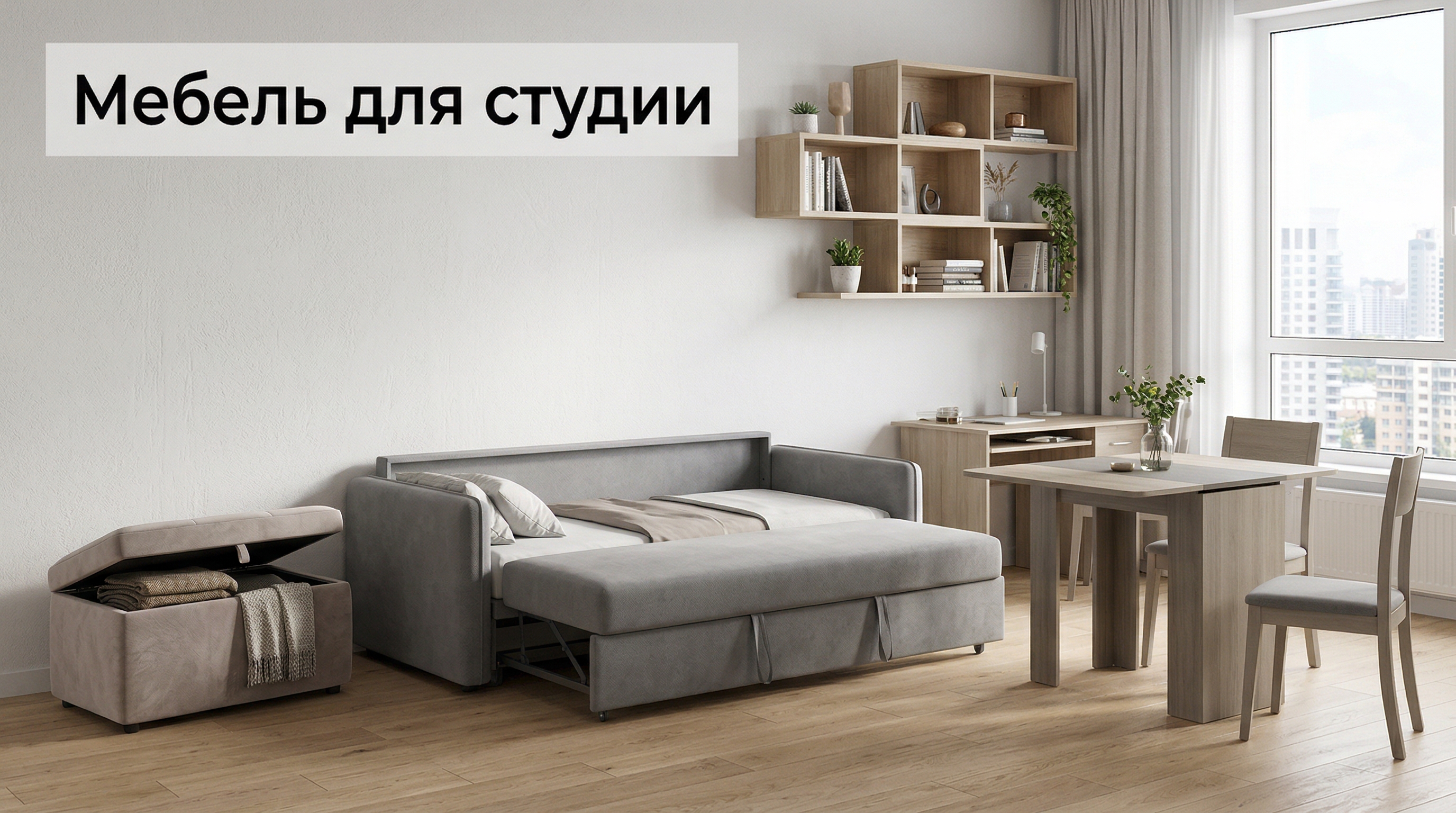 Функциональная мебель для студии: диван-кровать, навесные полки, раздвижной стол