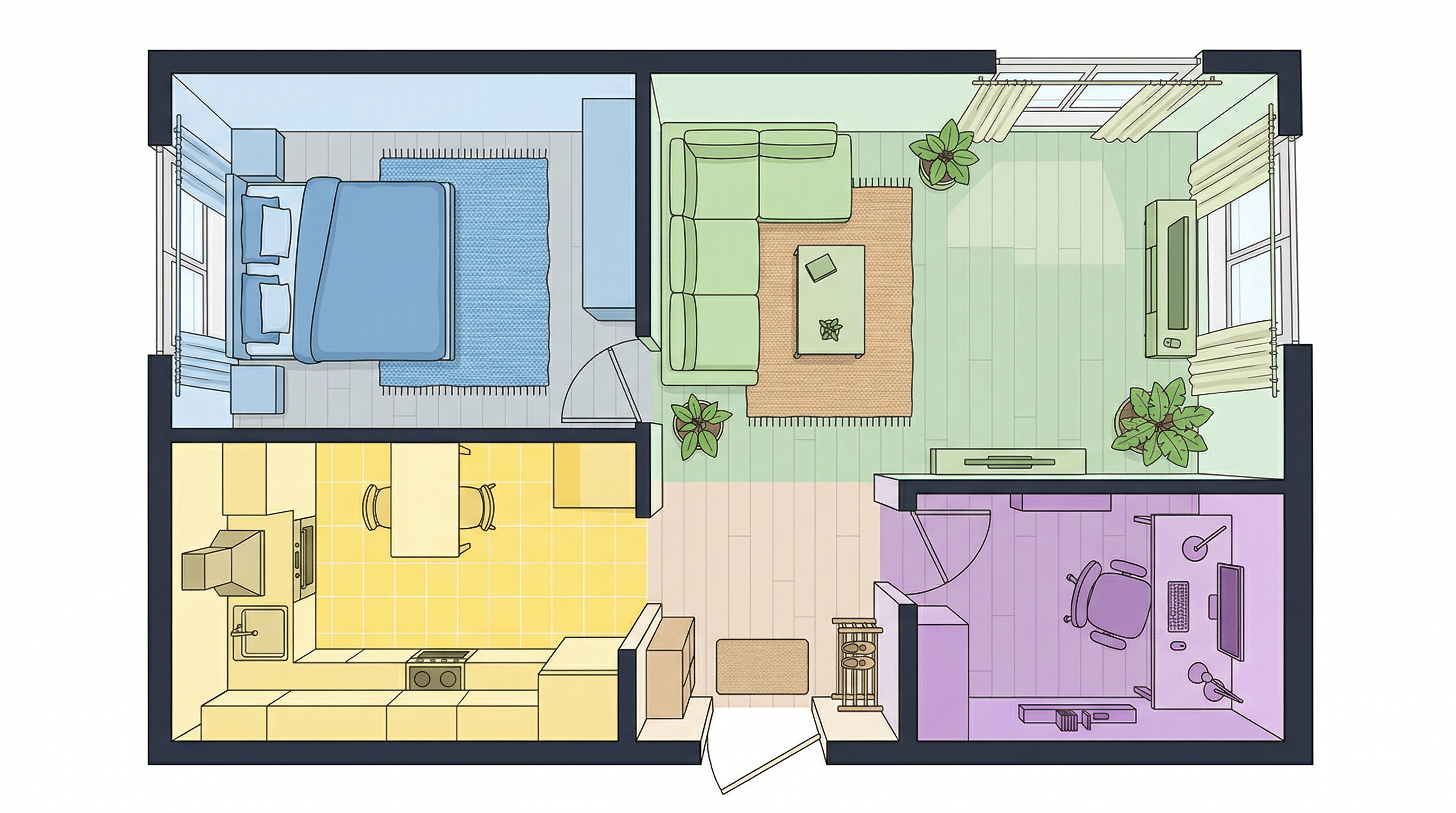 Цветная планировка студии с обозначением зон: спальня, гостиная, кухня, рабочий уголок