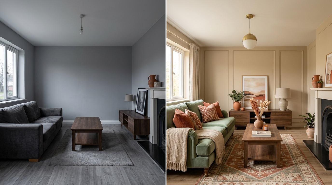 Трансформация гостиной: слева — холодный серый интерьер, справа — тёплая модная палитра 2026