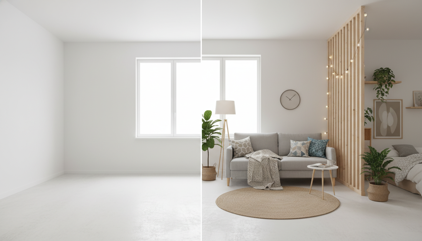 Трансформация комнаты: слева пустое помещение, справа — продуманный интерьер с зонированием