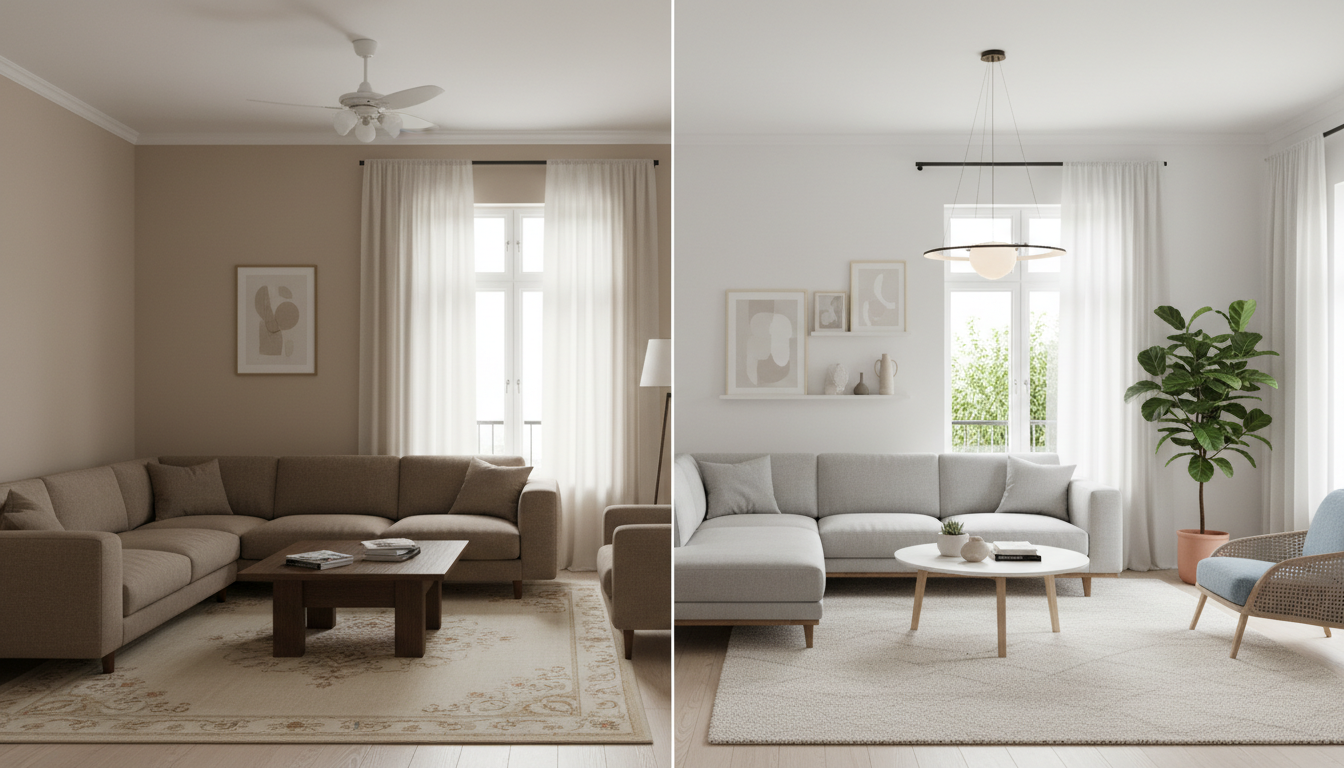 Сравнение интерьера до и после — скучная комната превращается в стильную