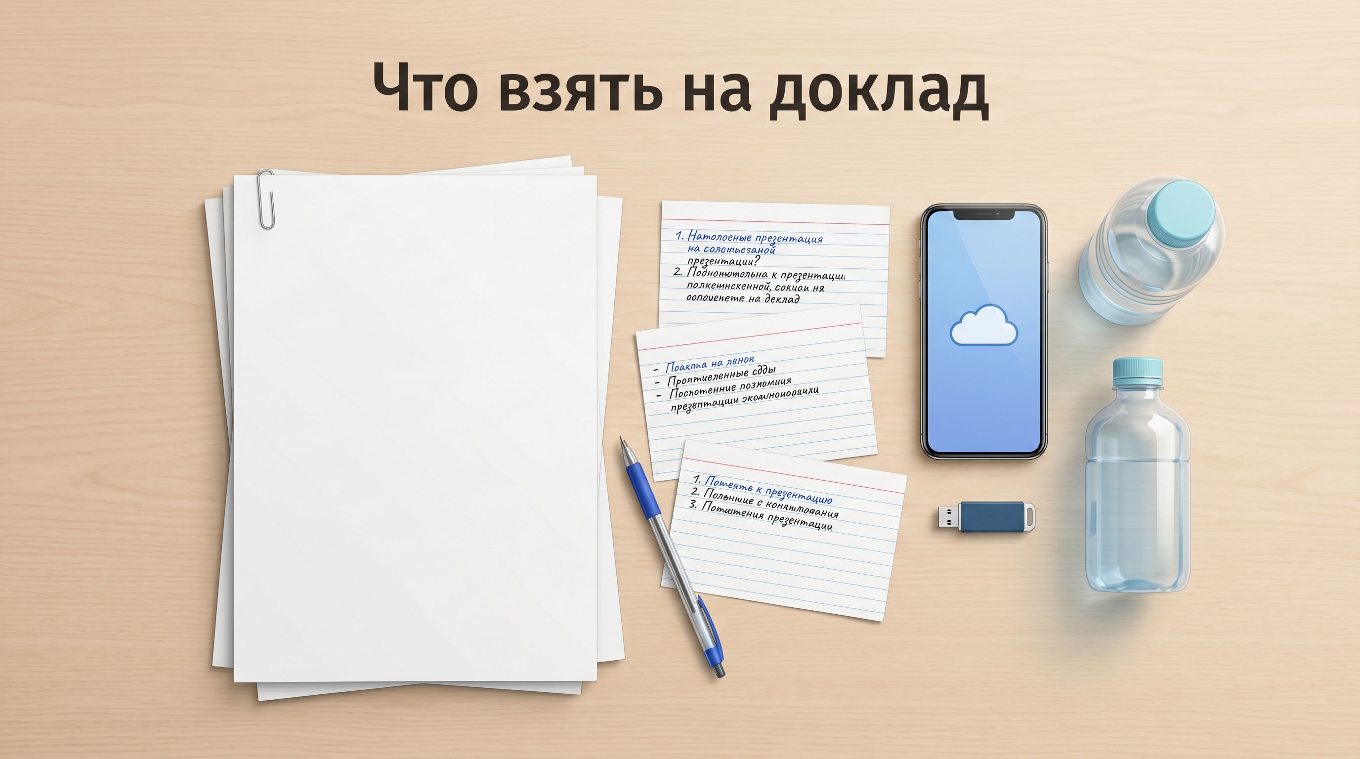 Чек-лист что взять на доклад: распечатка, карточки с тезисами, телефон, флешка, вода