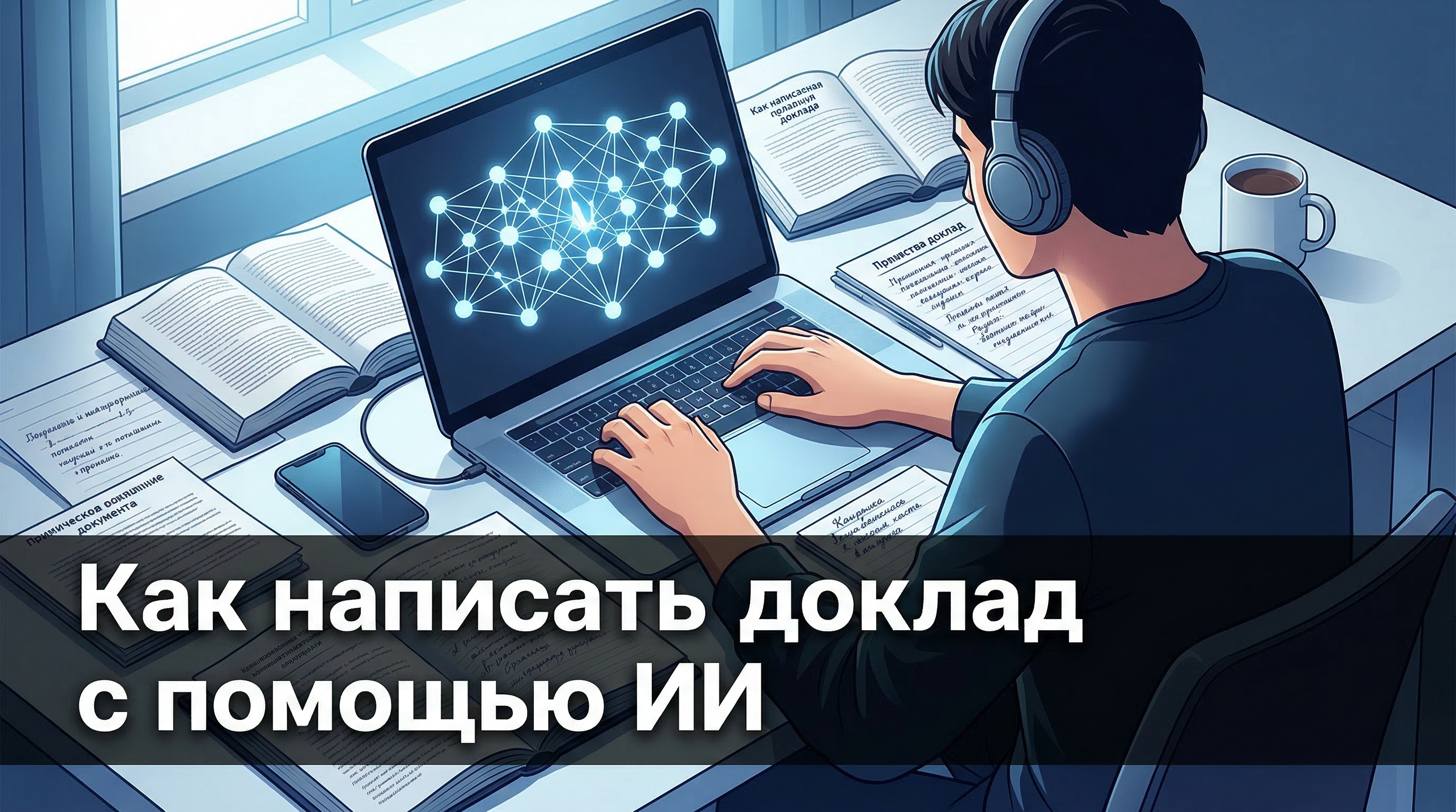 Как написать доклад с помощью ИИ: студент за ноутбуком с нейросетью