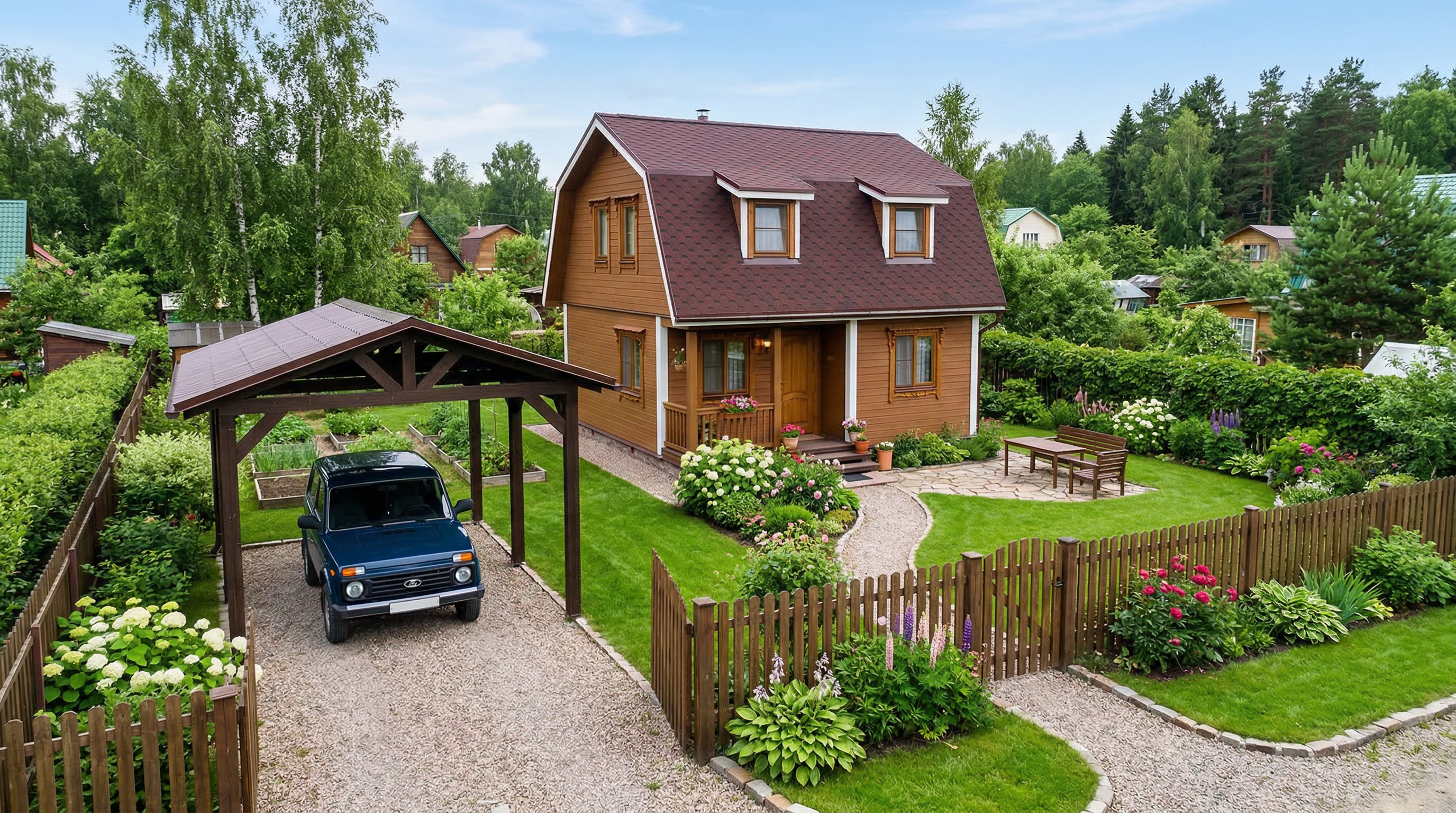 Компактный дом с мансардой на небольшом участке — навес для машины, газон, дорожка