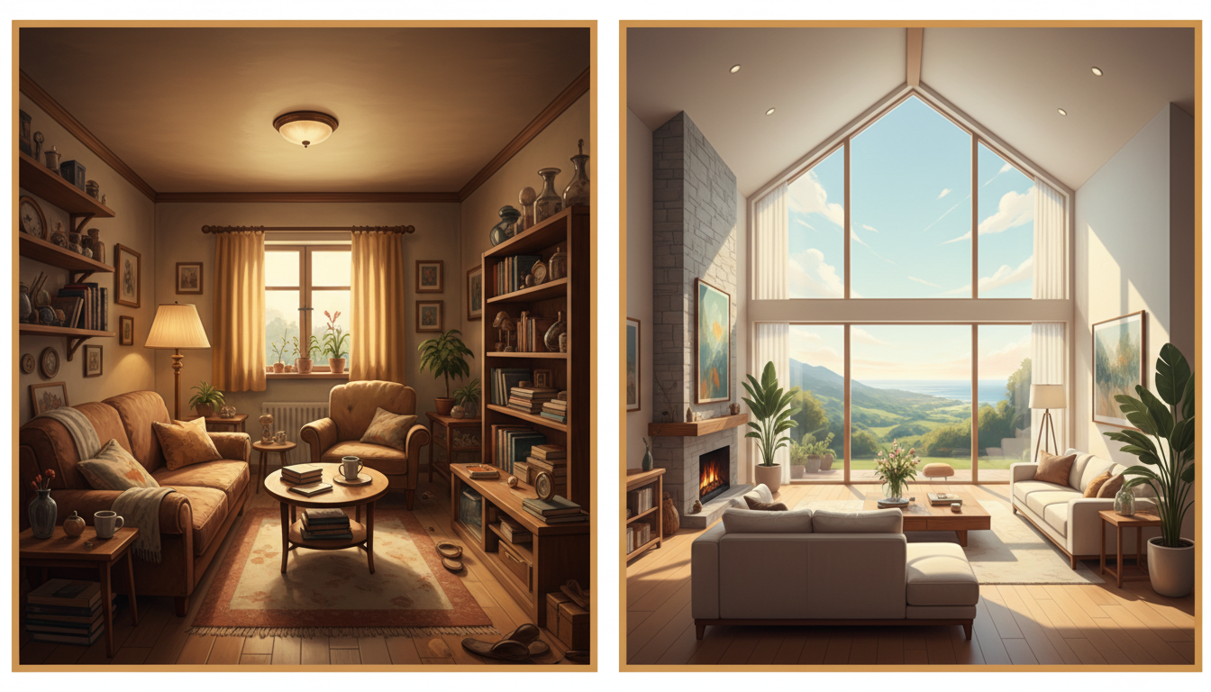 Сравнение интерьера квартиры и частного дома: слева компактная гостиная, справа просторная комната с высокими потолками