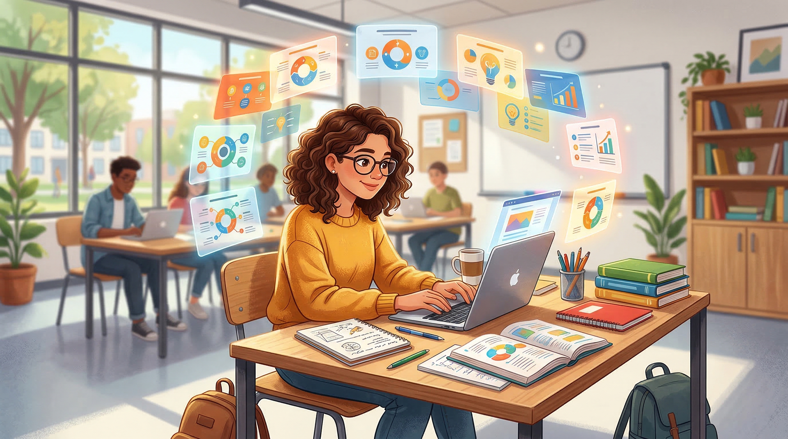 Студент за ноутбуком дорабатывает презентацию — иллюстрация