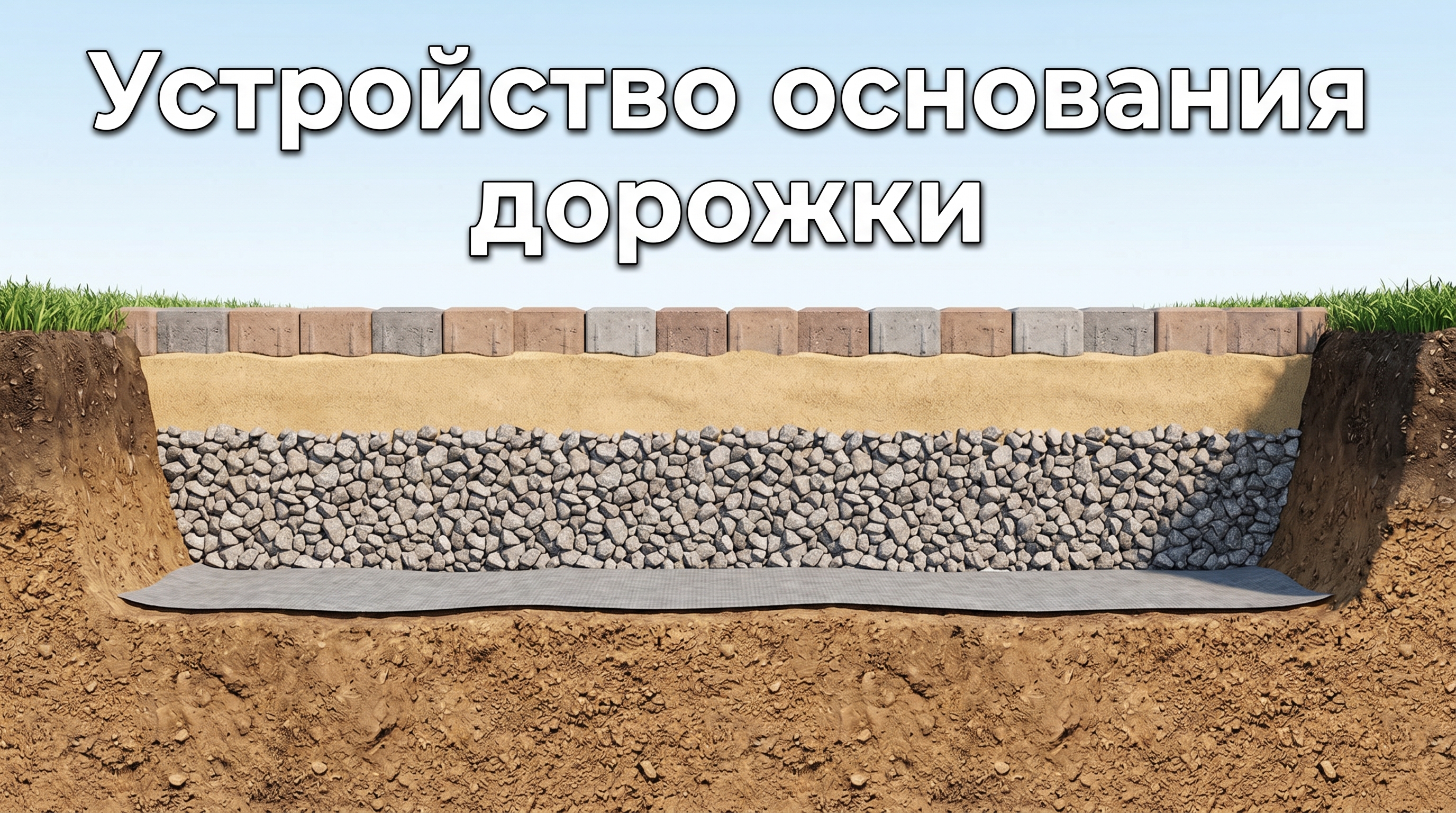 Устройство основания садовой дорожки в разрезе: грунт, геотекстиль, щебень, песок, покрытие