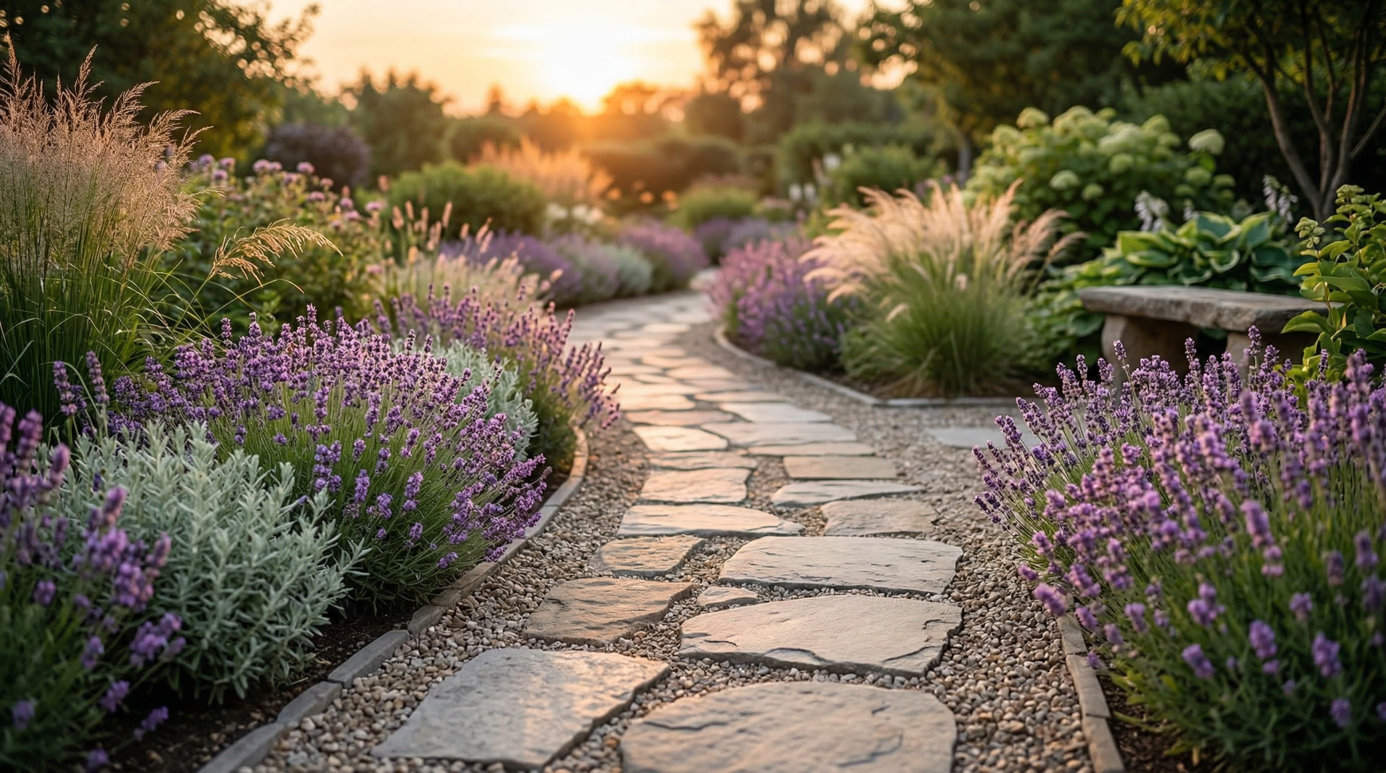 Садовая дорожка из натурального камня с бордюром из лаванды