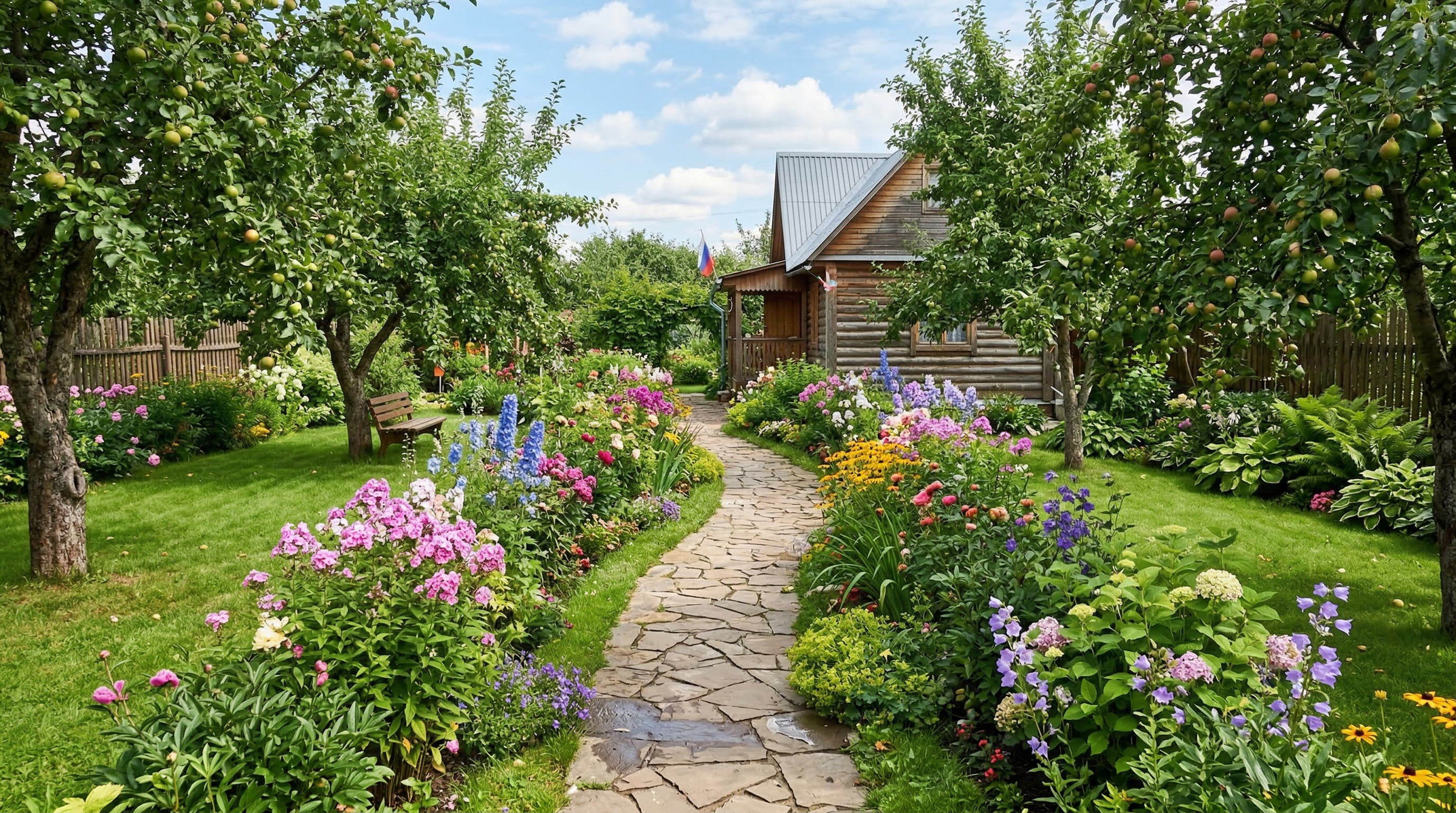 Садовая дорожка из натурального камня с цветочными бордюрами по бокам