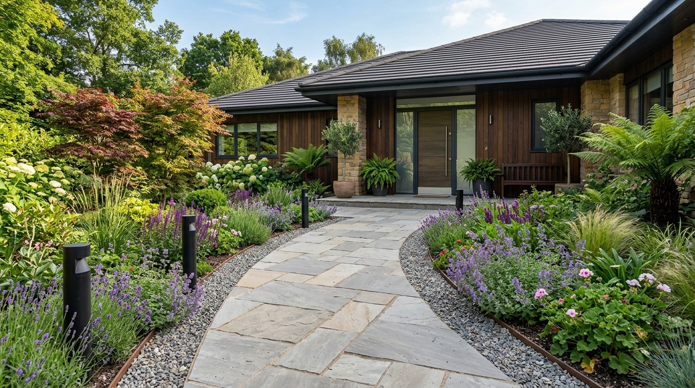 Каменная дорожка к дому с бордюрными растениями и садовыми светильниками