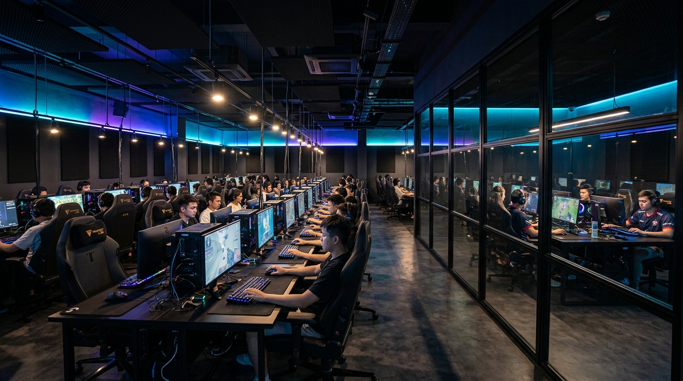 Интерьер компьютерного клуба с RGB-подсветкой и приватной зоной