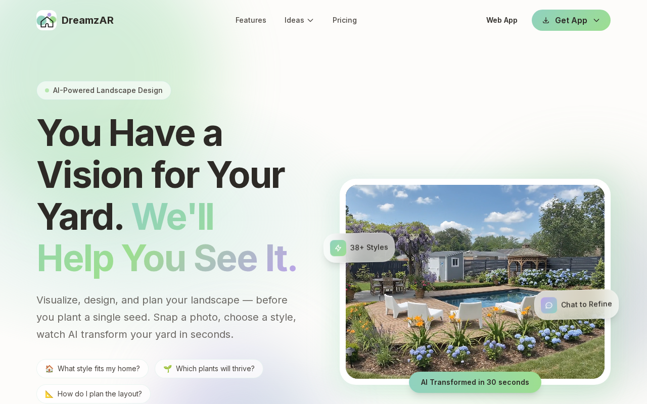 Скриншот главной страницы DreamzAR — приложение для ландшафтного дизайна с дополненной реальностью