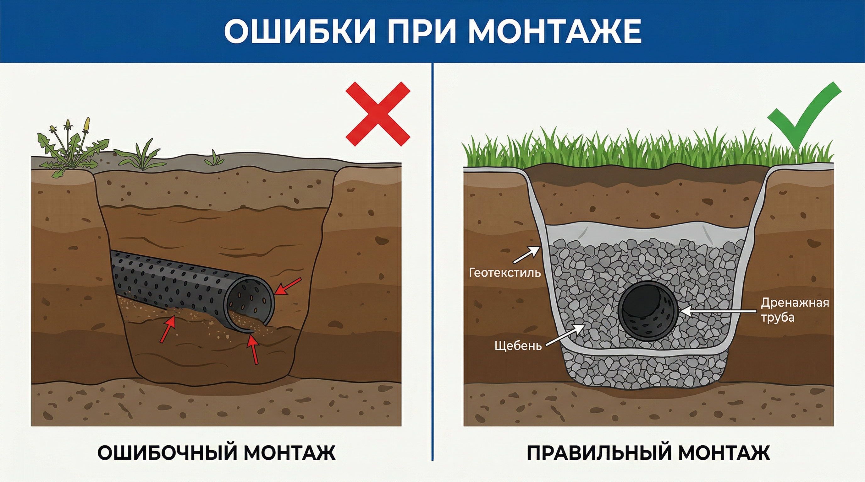 Сравнение неправильного и правильного монтажа дренажной трубы