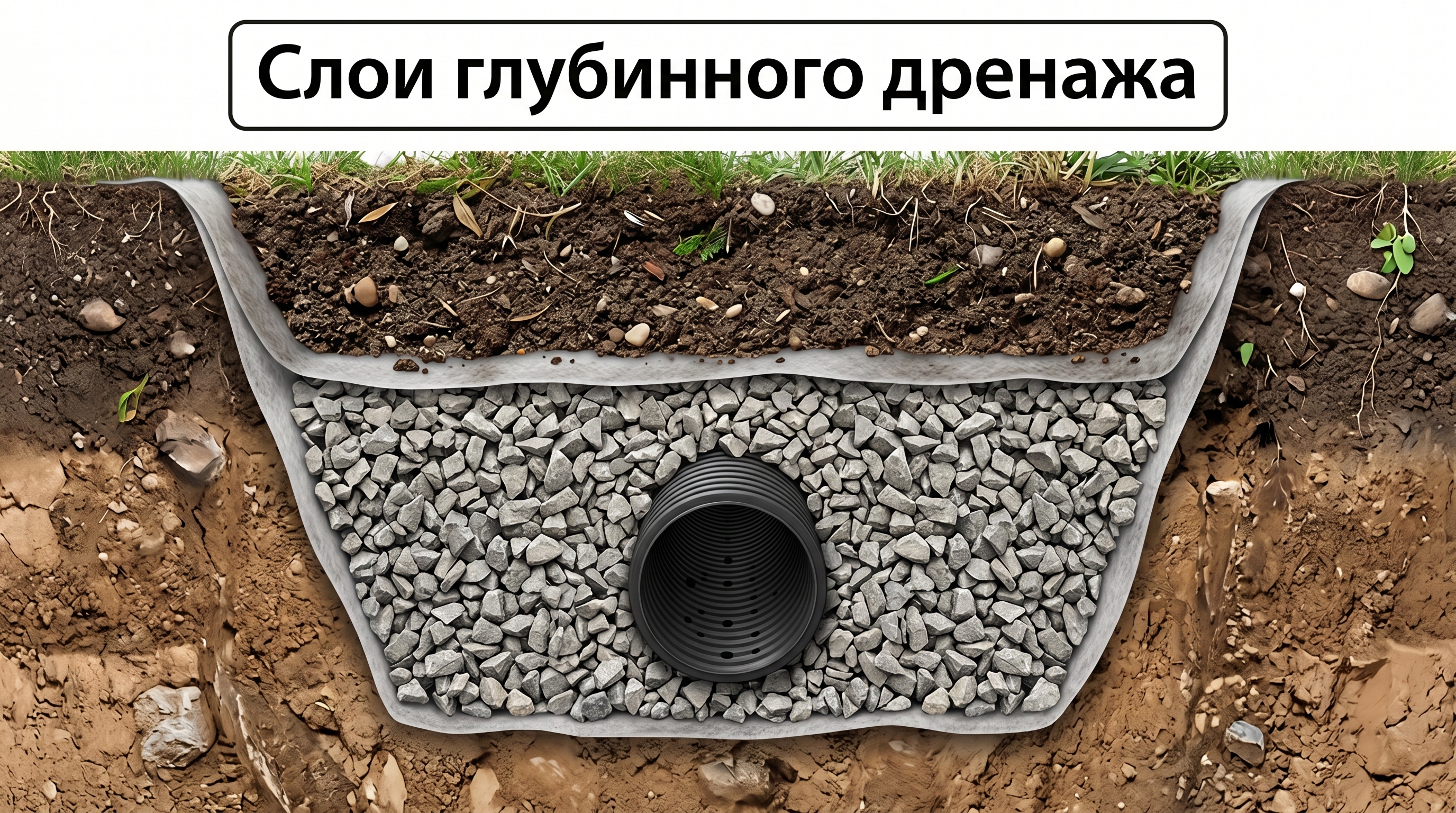 Слои глубинного дренажа в траншее: геотекстиль, щебень, дренажная труба