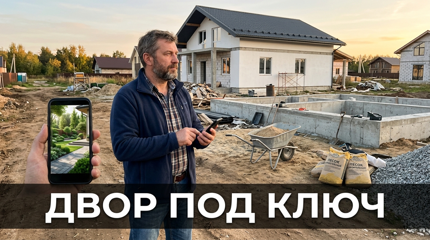 Двор частного дома: примерил планировку на фото, прежде чем заливать бетон