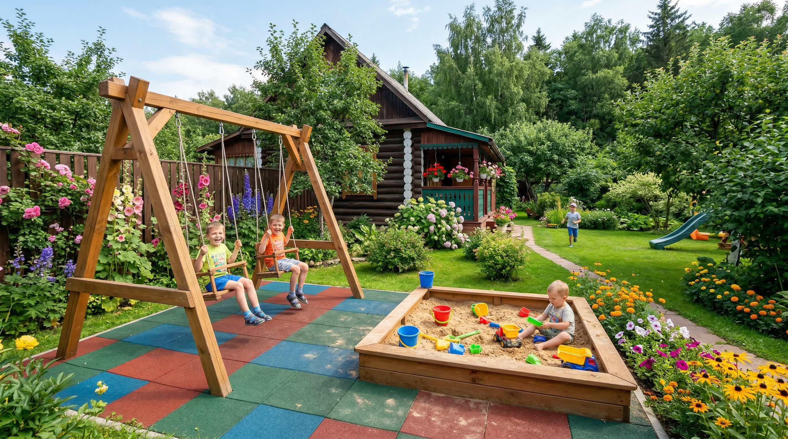 Детская площадка во дворе — качели, песочница, мягкое покрытие, зелёный газон