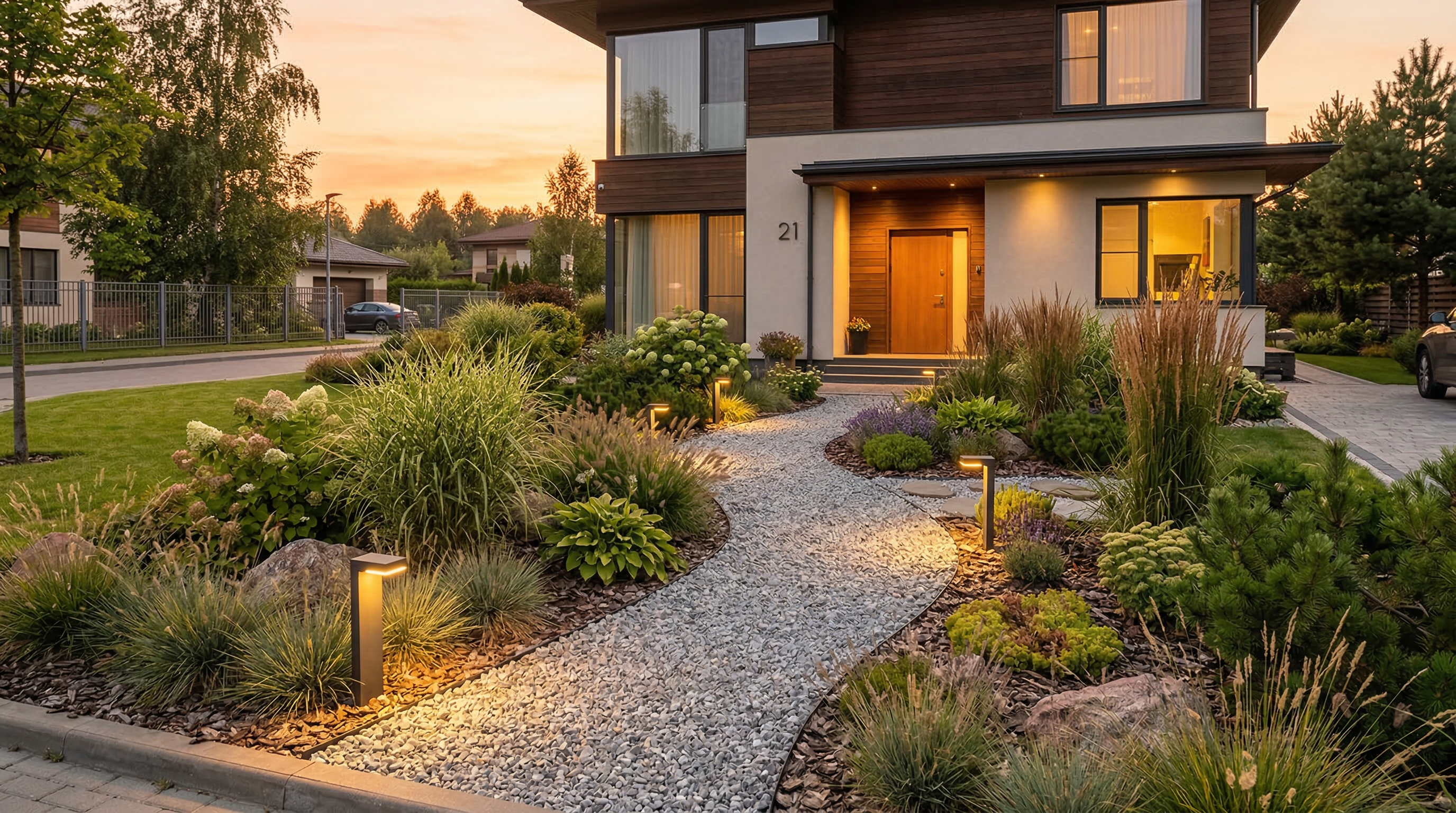 Садовые дорожки с LED-подсветкой, декоративный гравий и декоративные травы вдоль пути