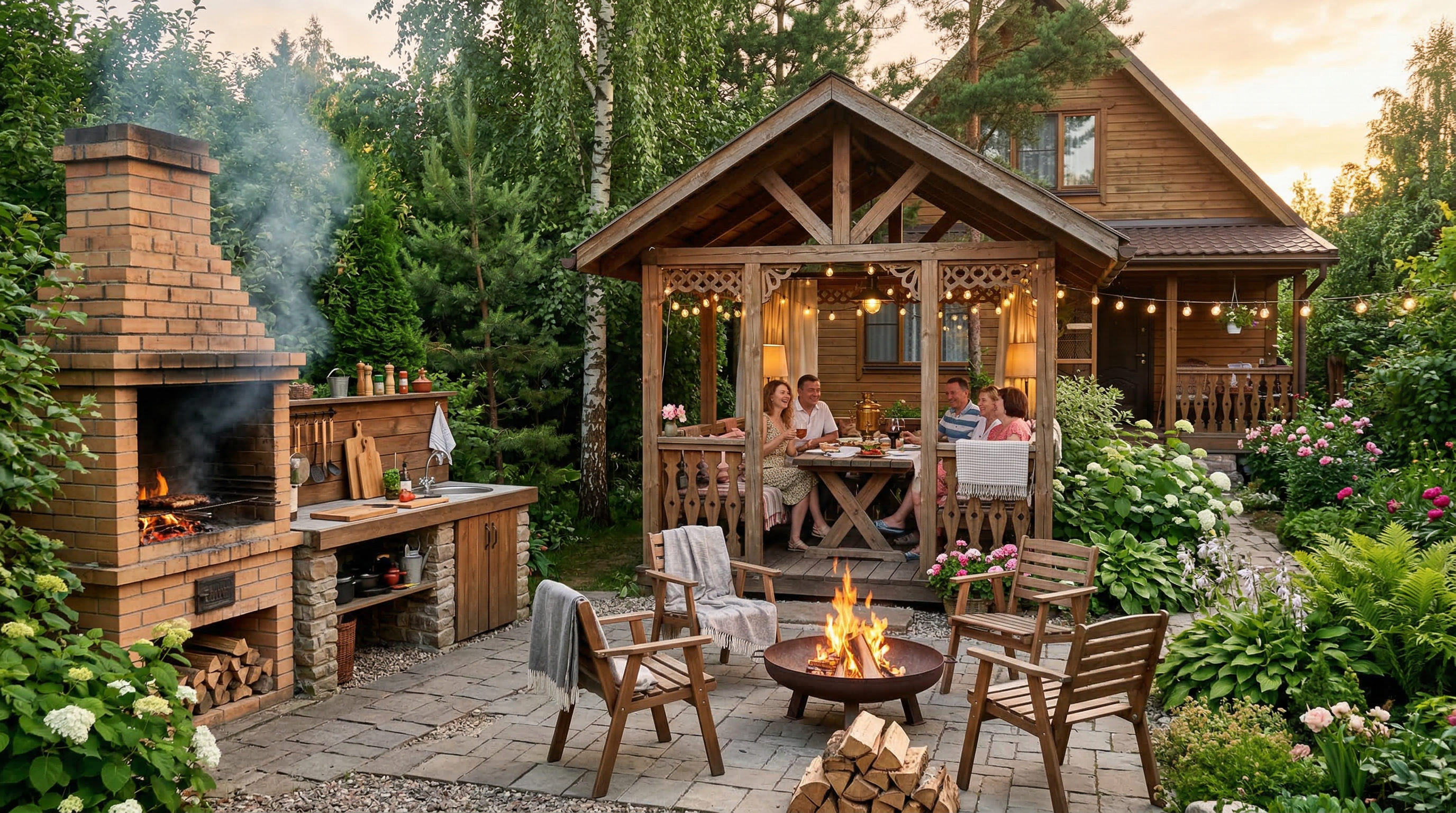 Зона барбекю с кирпичным мангалом, беседкой, уличной кухней и зоной для посиделок