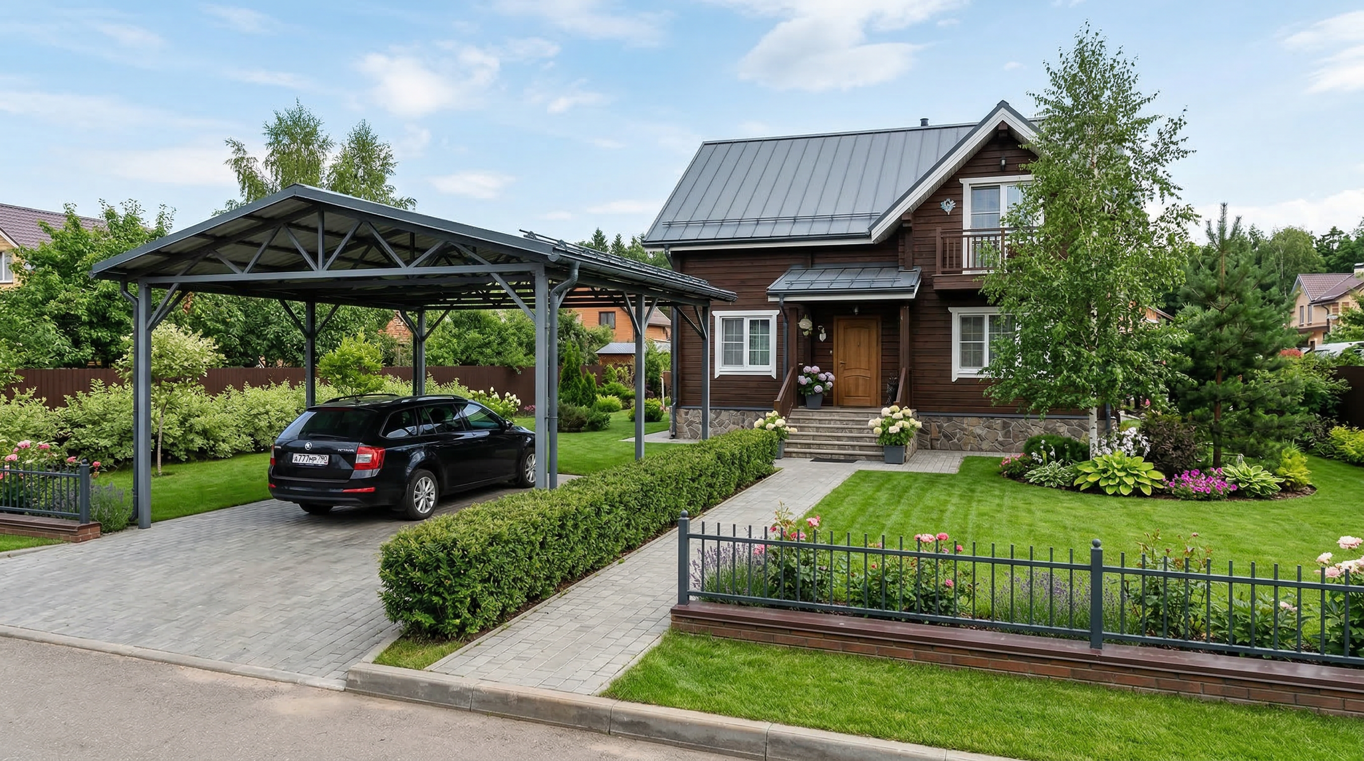 Въездная зона частного дома — мощёная парковка под навесом, аккуратные кустарники вдоль забора