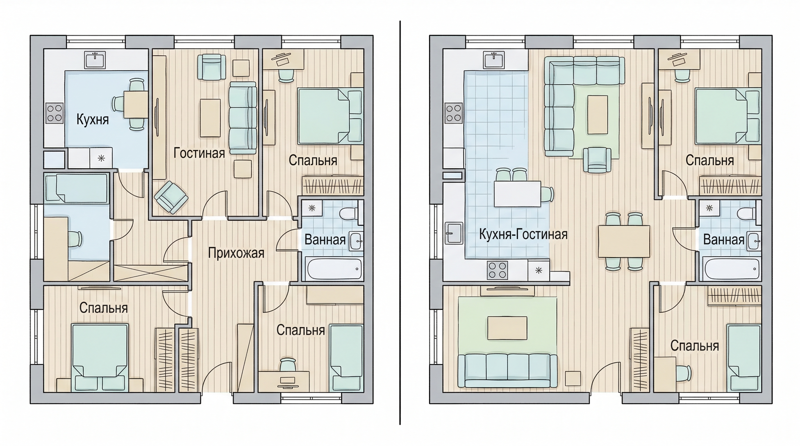 Сравнение планировок двухкомнатной квартиры — традиционная и современная