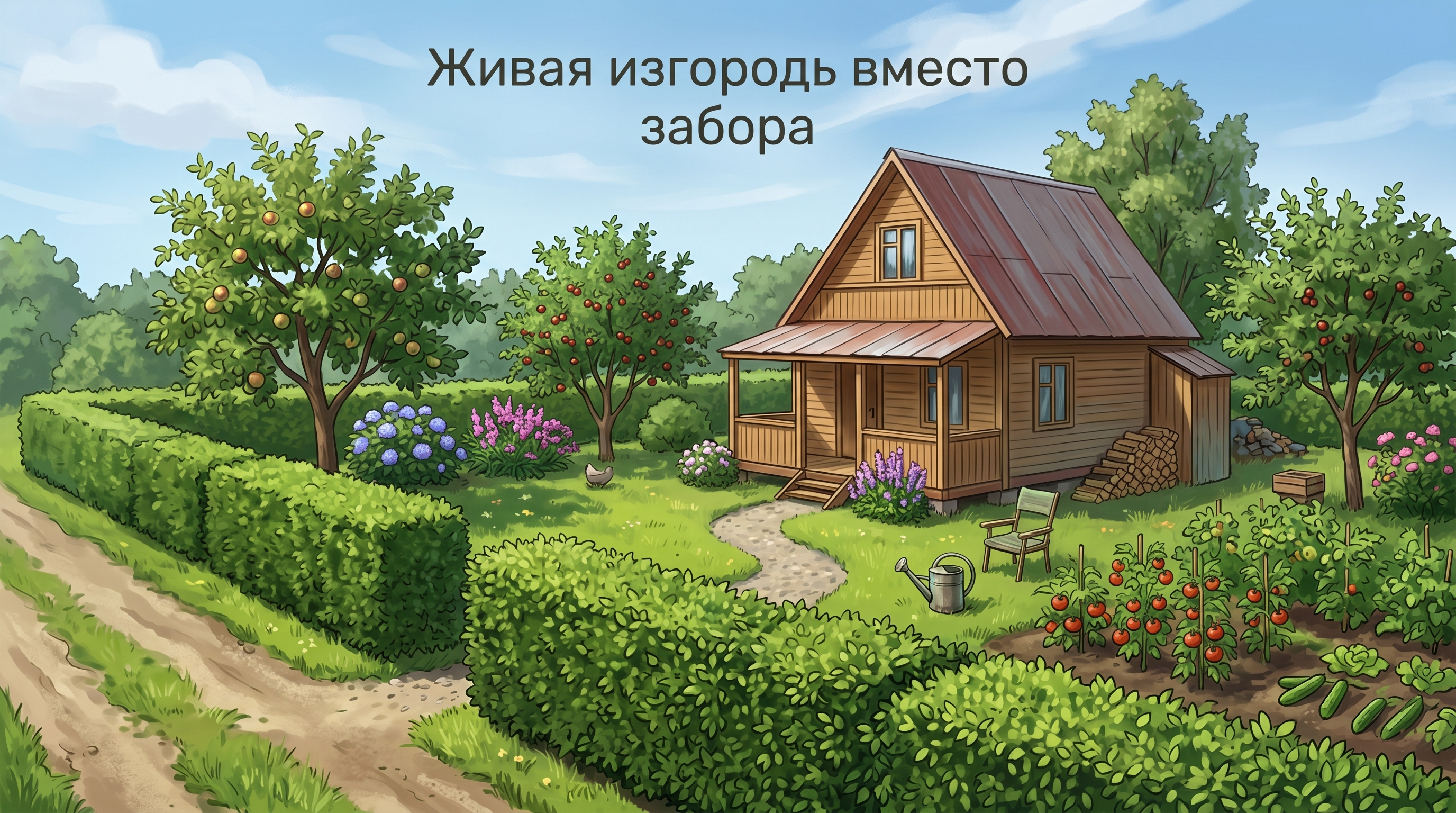 Живая изгородь из туи и кизильника на маленьком участке