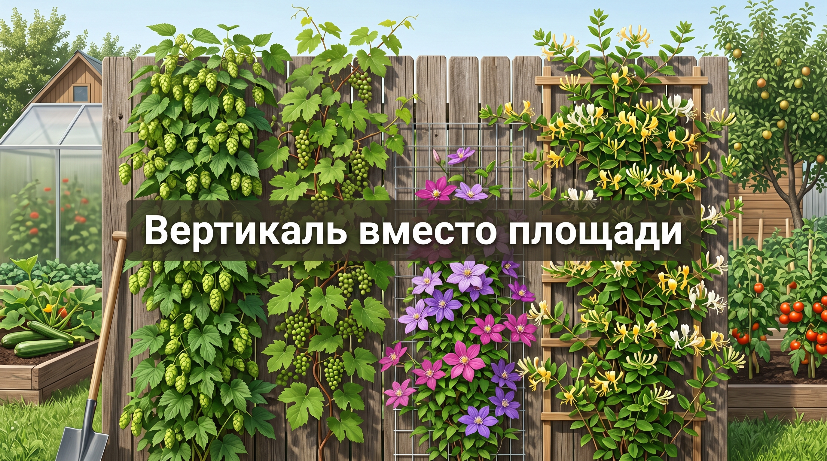 Вертикальная шпалера с клематисом и хмелем на маленьком участке