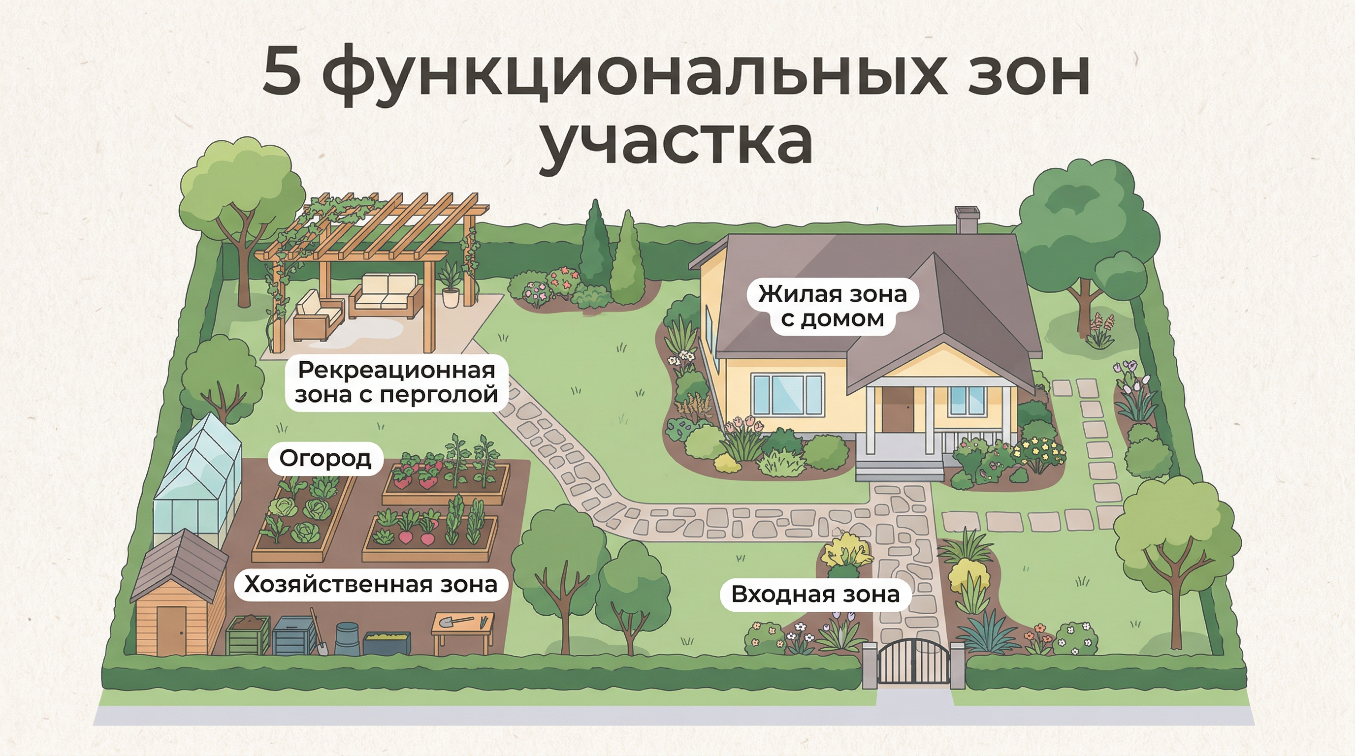 5 функциональных зон дачного участка — схема зонирования