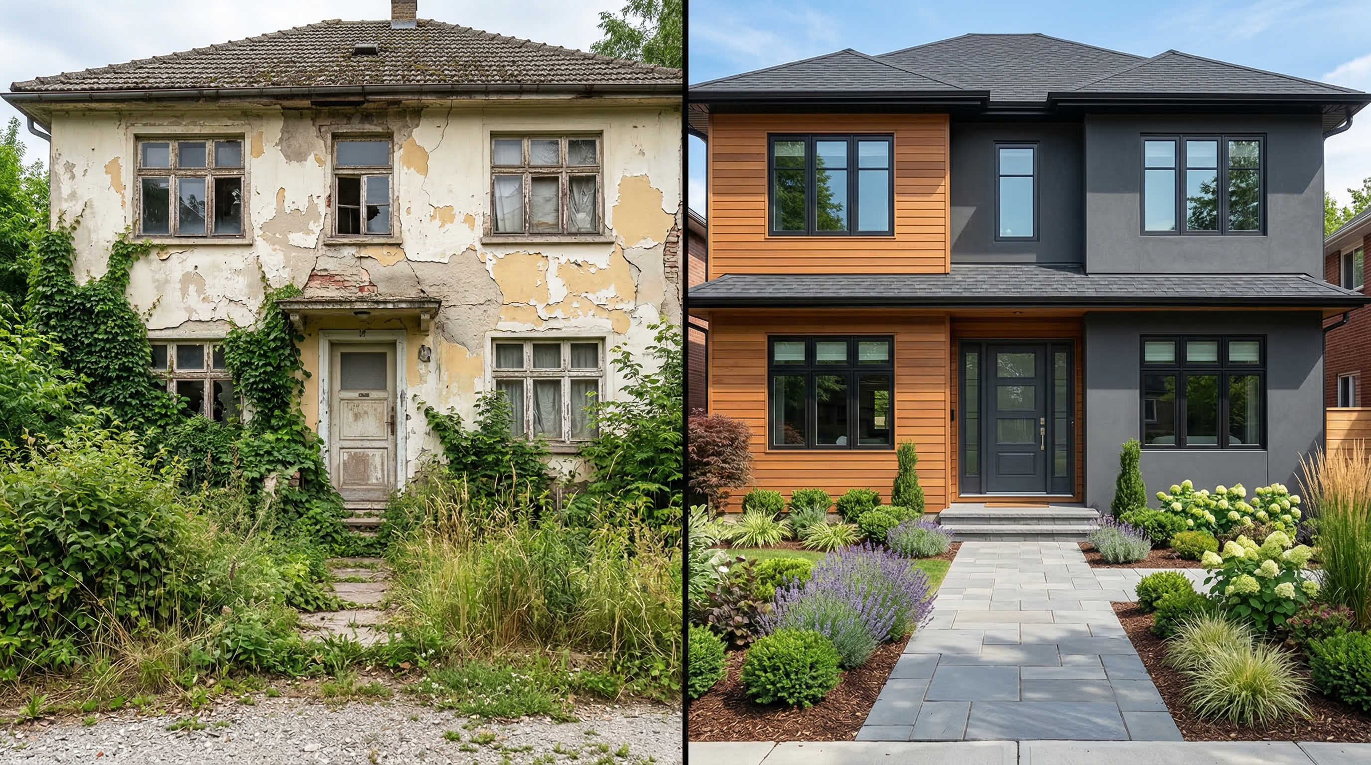 Преображение фасада: запущенный дом с облупившейся штукатуркой и тот же фасад после ремонта