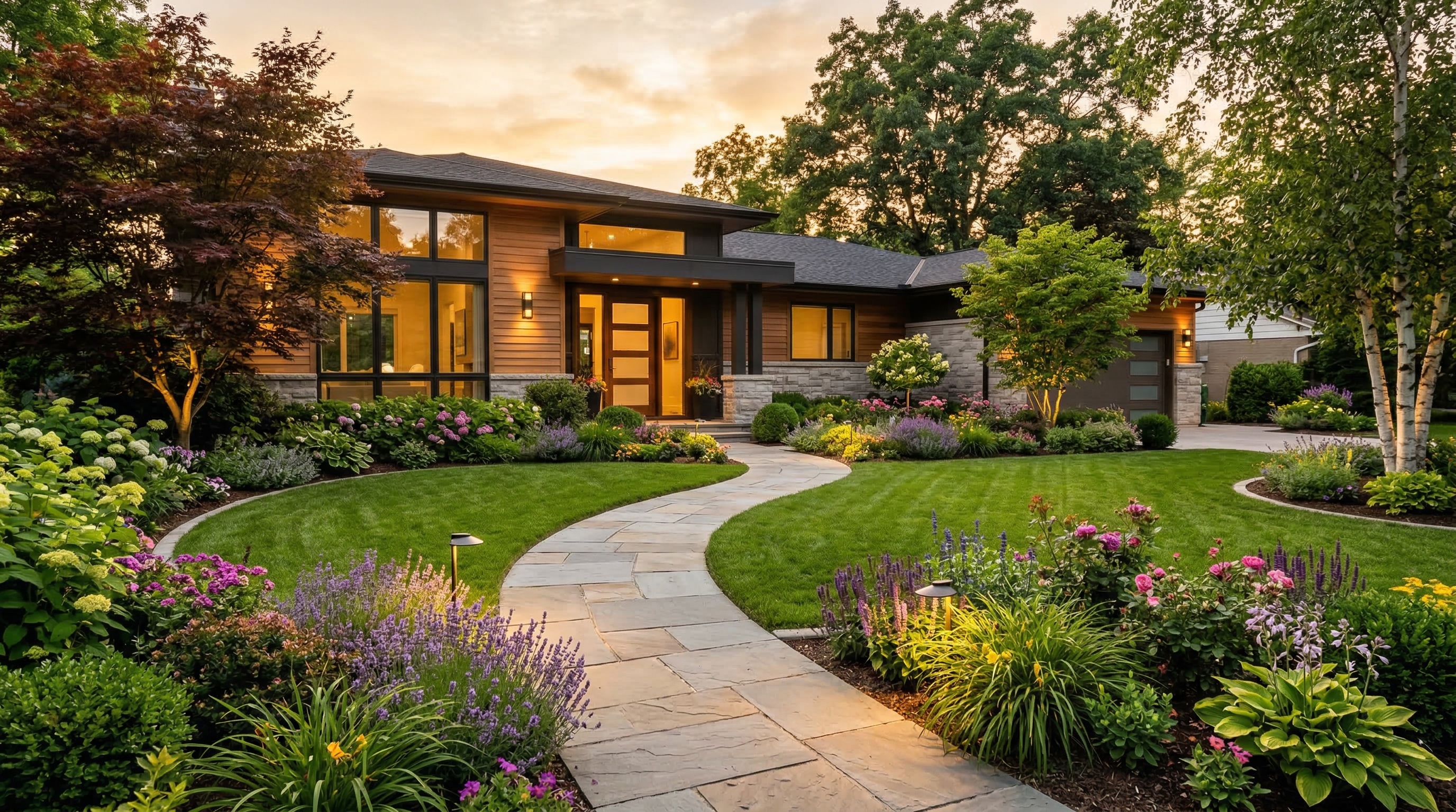 Благоустроенный участок перед домом: каменная дорожка, газон, кустарники, цветники, освещение