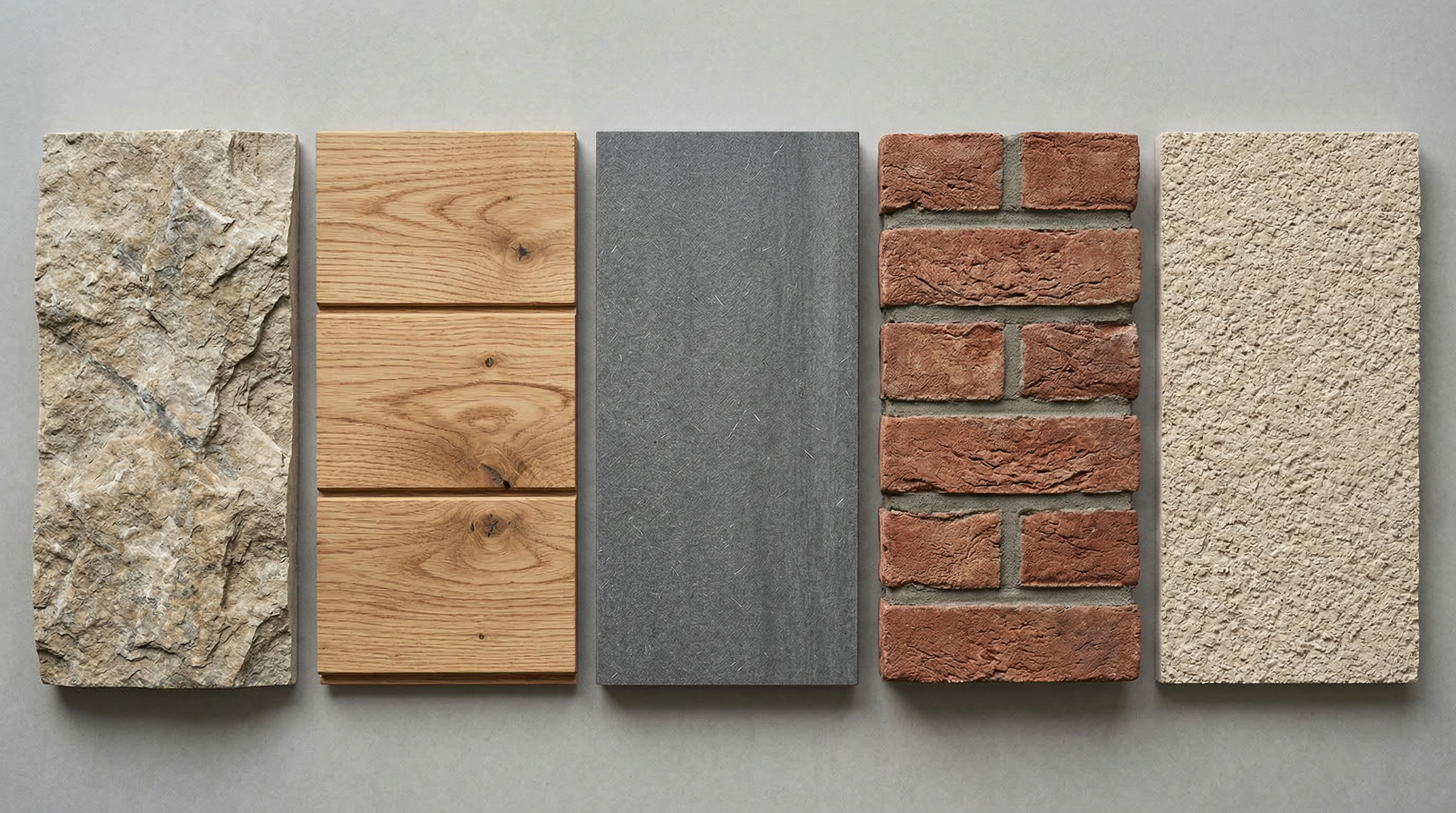 Образцы материалов для отделки фасада: камень, дерево, фиброцемент, кирпич, штукатурка