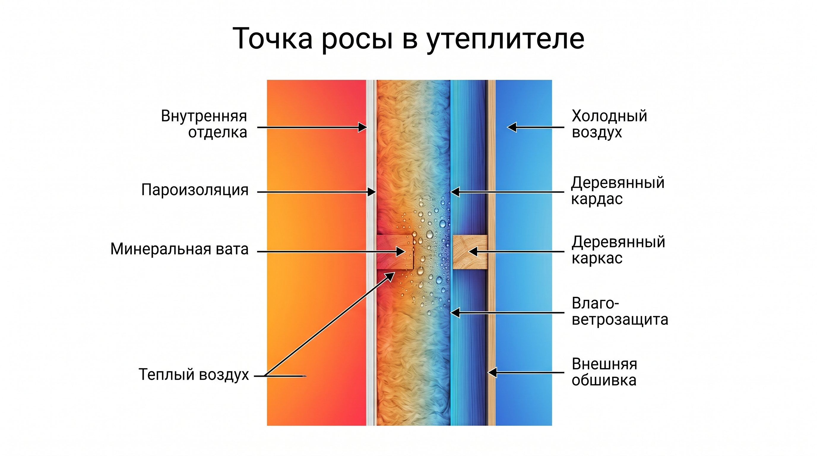 Схема точки росы в утеплителе каркасной стены — где образуется конденсат