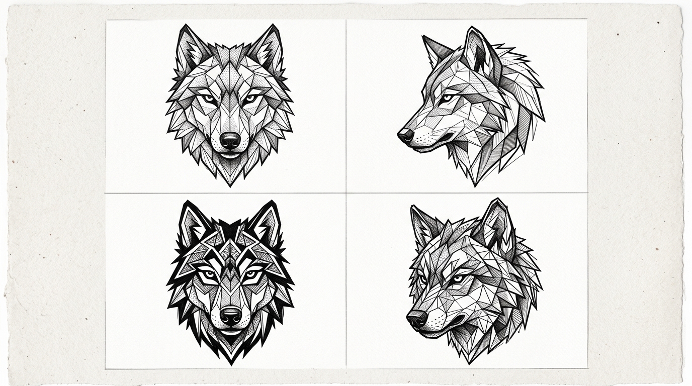 Четыре варианта эскиза волка в стиле блэкворк — сетка 2x2