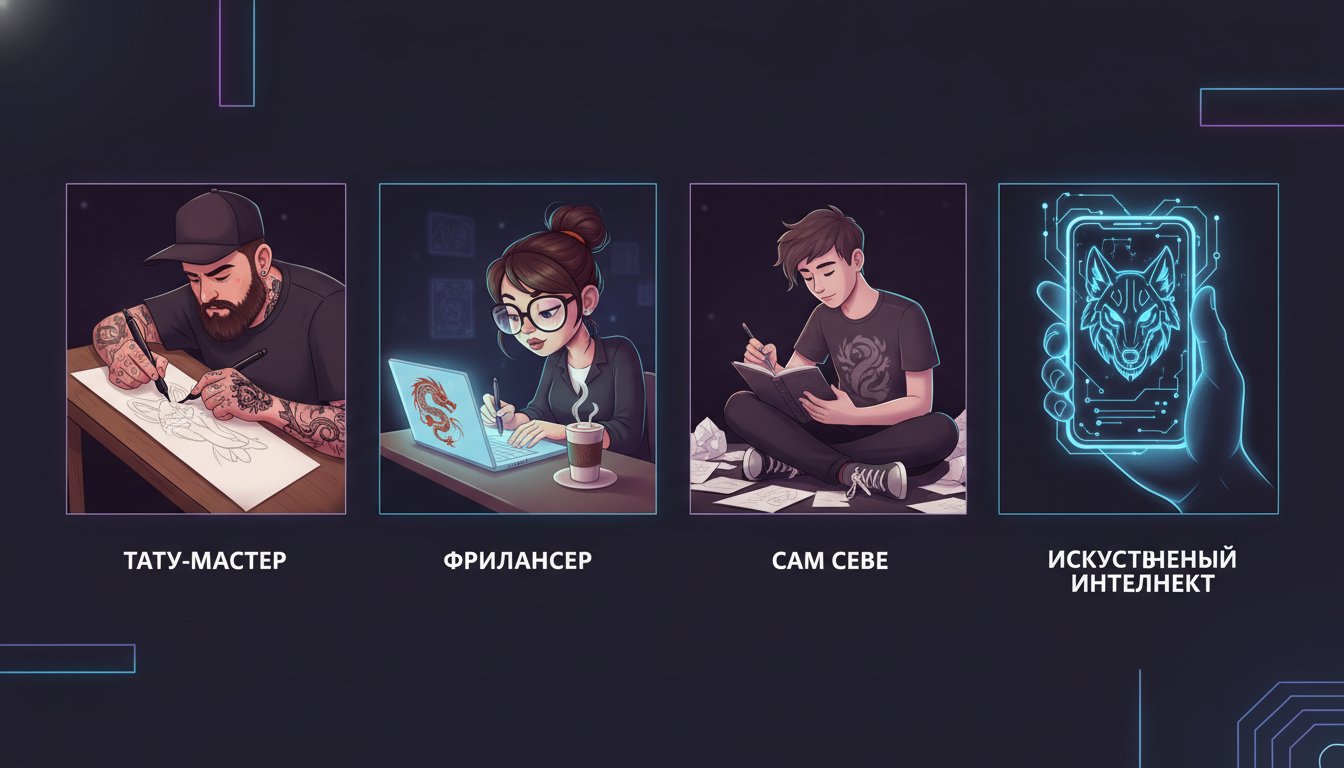 Сравнение четырёх способов создать эскиз тату: мастер, фрилансер, самому, нейросеть