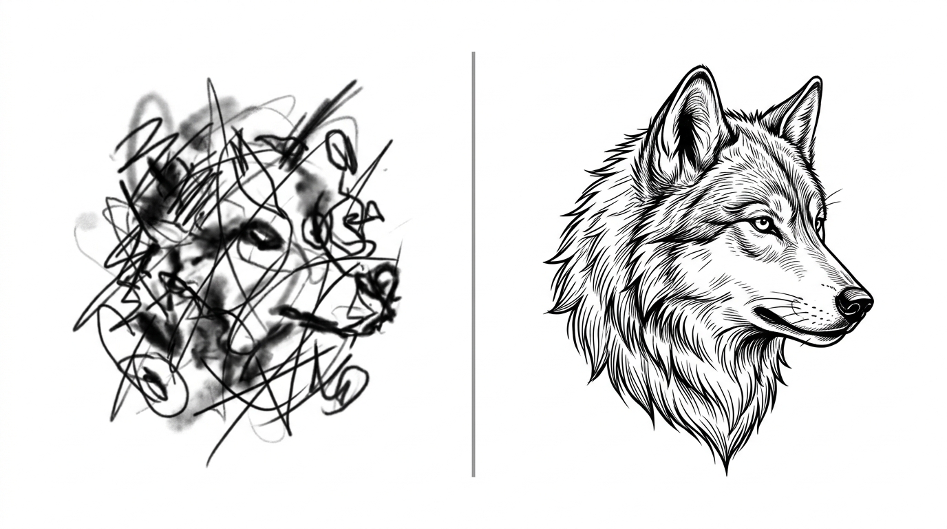 Сравнение результата плохого и хорошего промпта для тату-эскиза